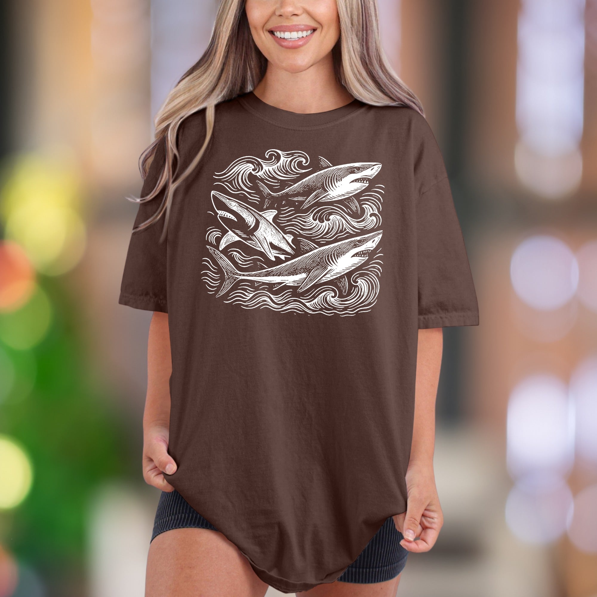 Ocean Waves & Sharks Sketch | Comfort Colors Unisex Adult T-Shirt | Coastal Lifestyle