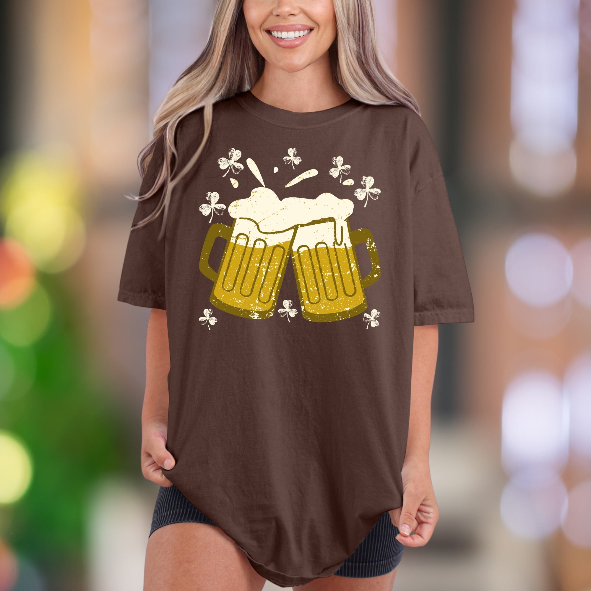 Sláinte! Cheers Beer Mugs with Shamrocks | Comfort Colors Unisex Adult T-Shirt | Distressed St. Patrick's Day Style