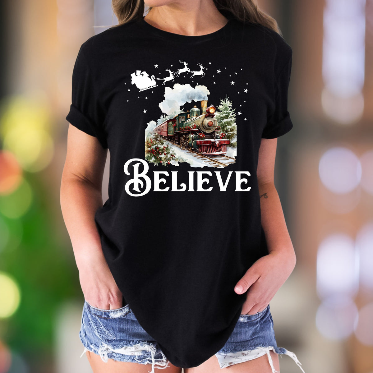 "Believe" | Festive Christmas Train Unisex Adult T-Shirt | Holiday Lifestyle