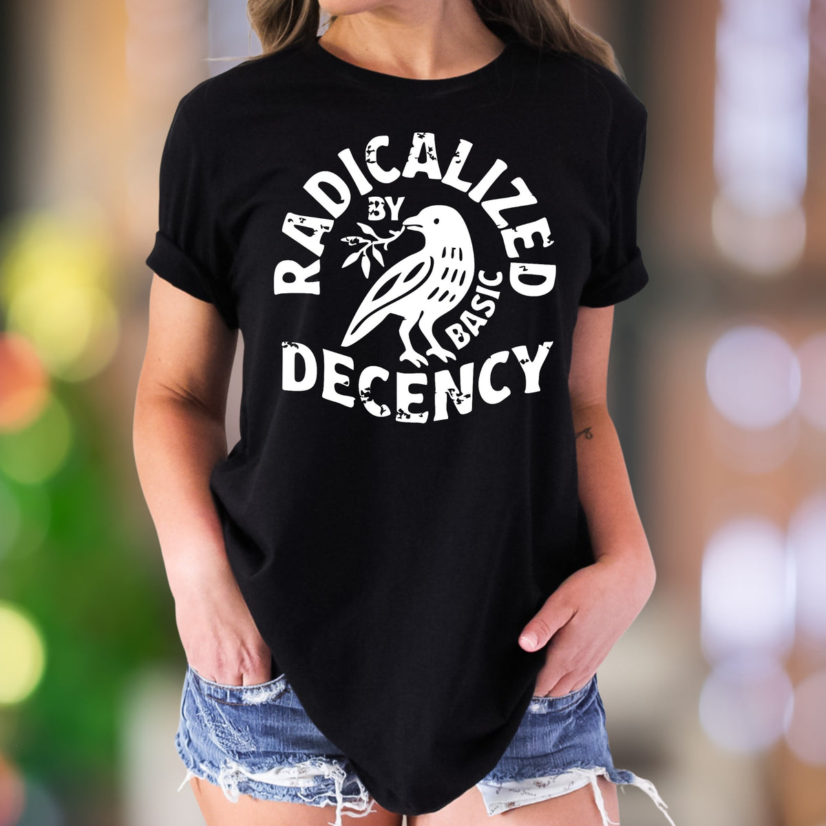 "Radicalized By Basic Decency" | Distressed Typography Unisex Adult T-Shirt | Statement Apparel
