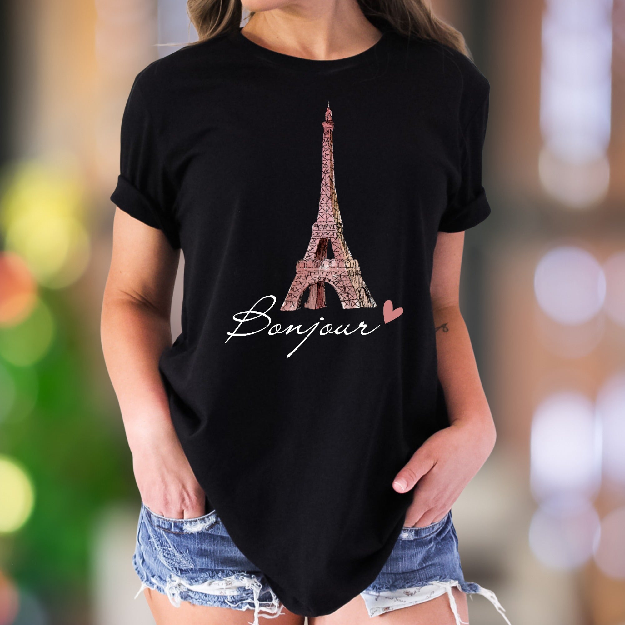 "Bonjour" | Watercolor Eiffel Tower Unisex Adult T-Shirt | Parisian Chic Lifestyle