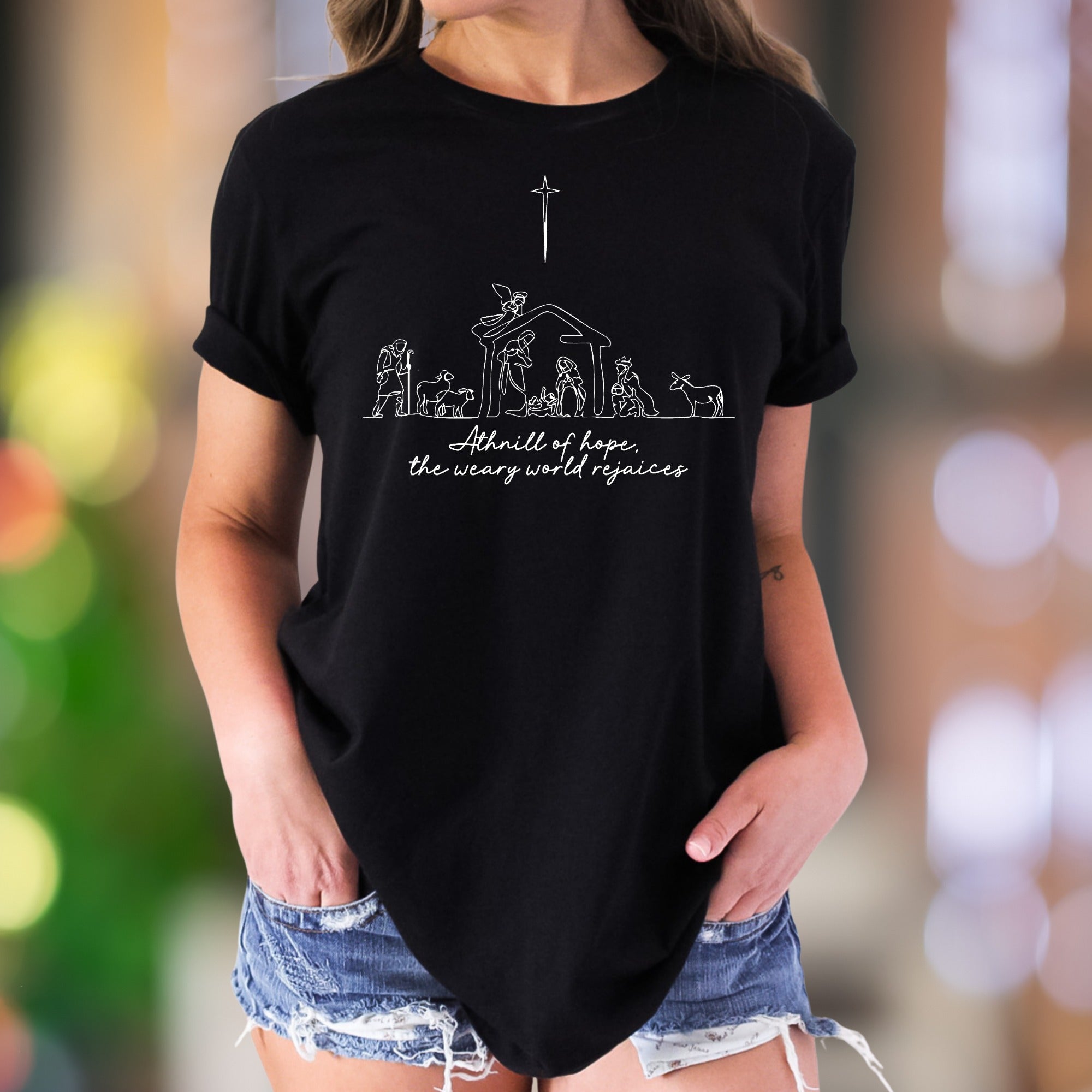 "A thrill of hope, the weary world rejoices" | Minimal Nativity Unisex Adult T-Shirt | Holiday Lifestyle