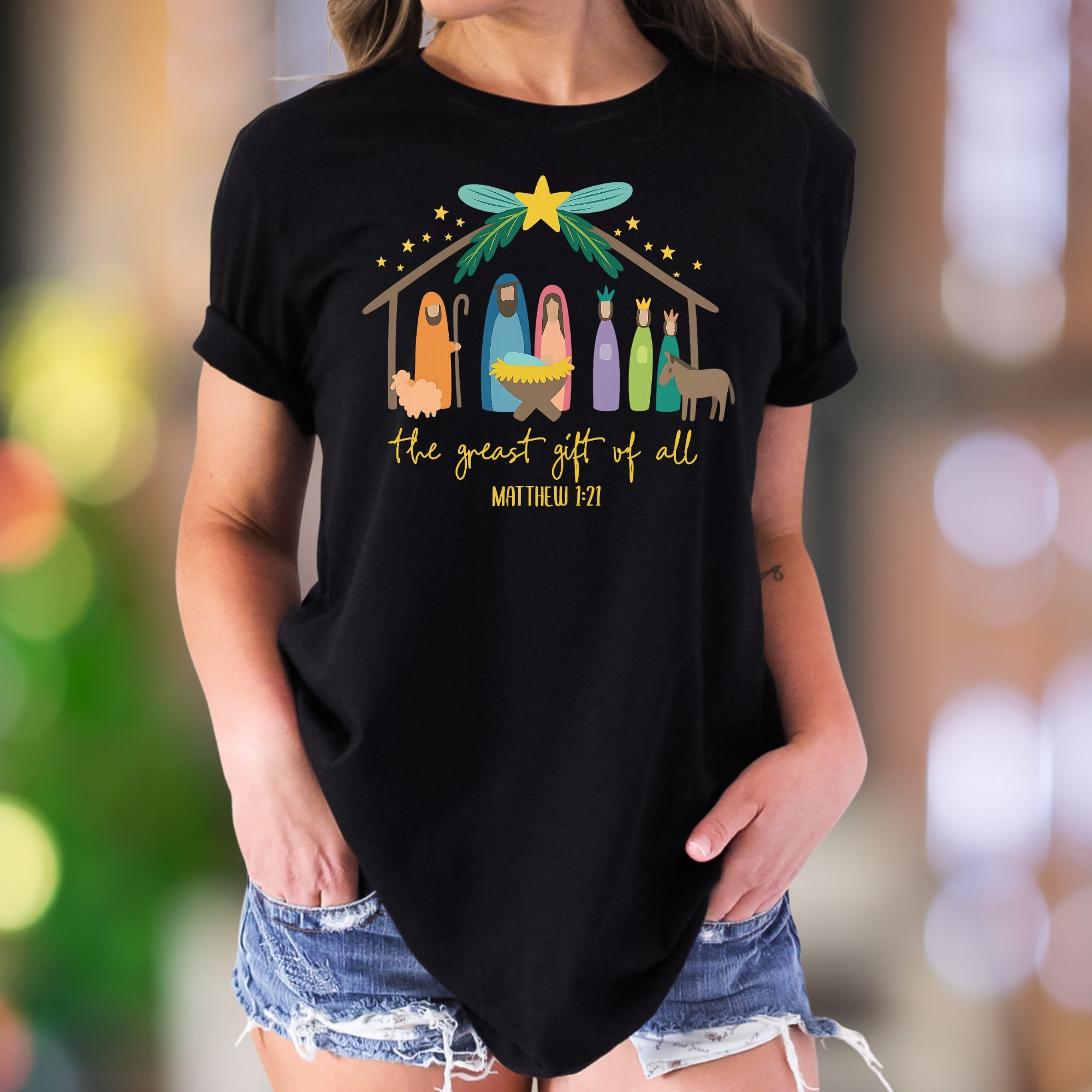 "The Greatest Gift Of All Matthew 1:21" | Nativity Scene Unisex Adult T-Shirt | Heartfelt Scripture Apparel