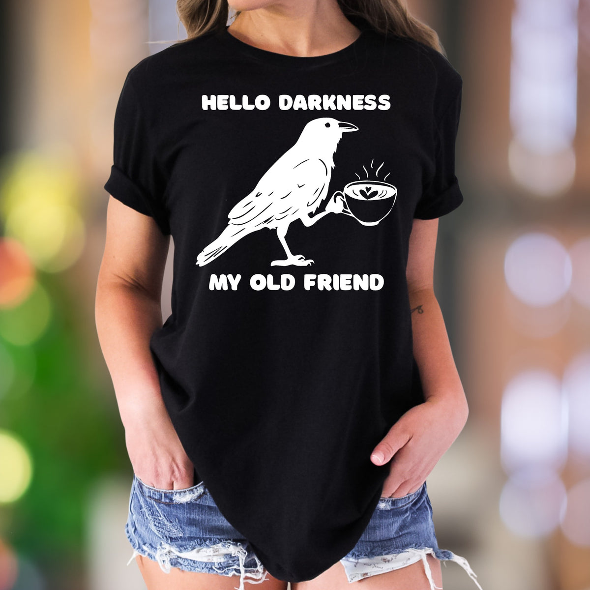 "Hello Darkness My Old Friend" | Funny Crow Coffee Unisex Adult T-Shirt | Sarcastic Lifestyle