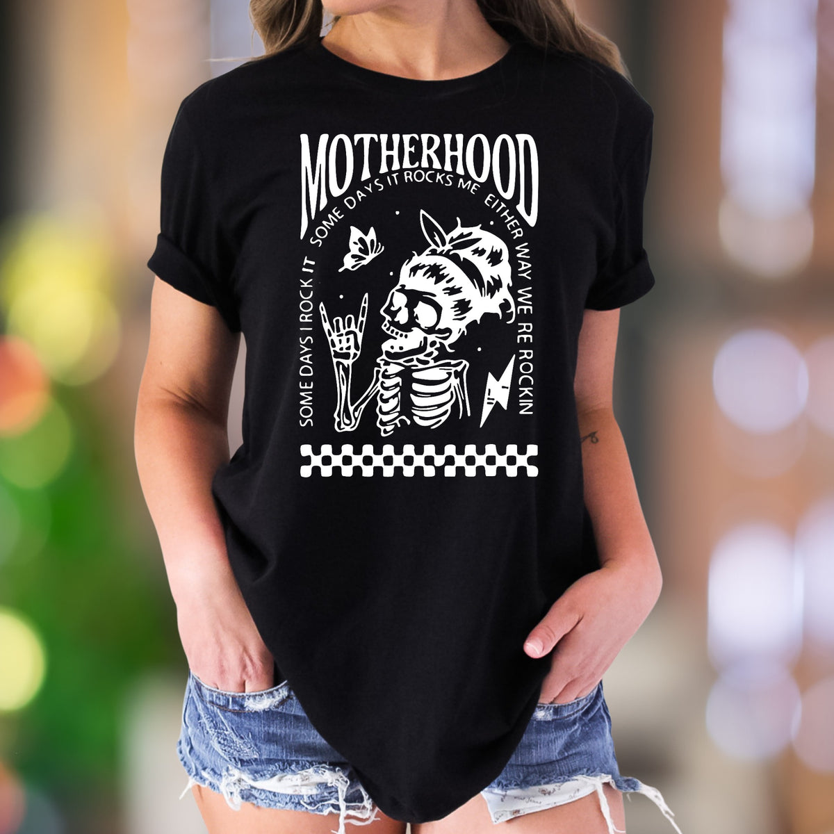 "Motherhood - Some Days I Rock It, Some Days It Rocks Me" | Bold Retro Unisex Adult T-Shirt | Edgy Mom Life