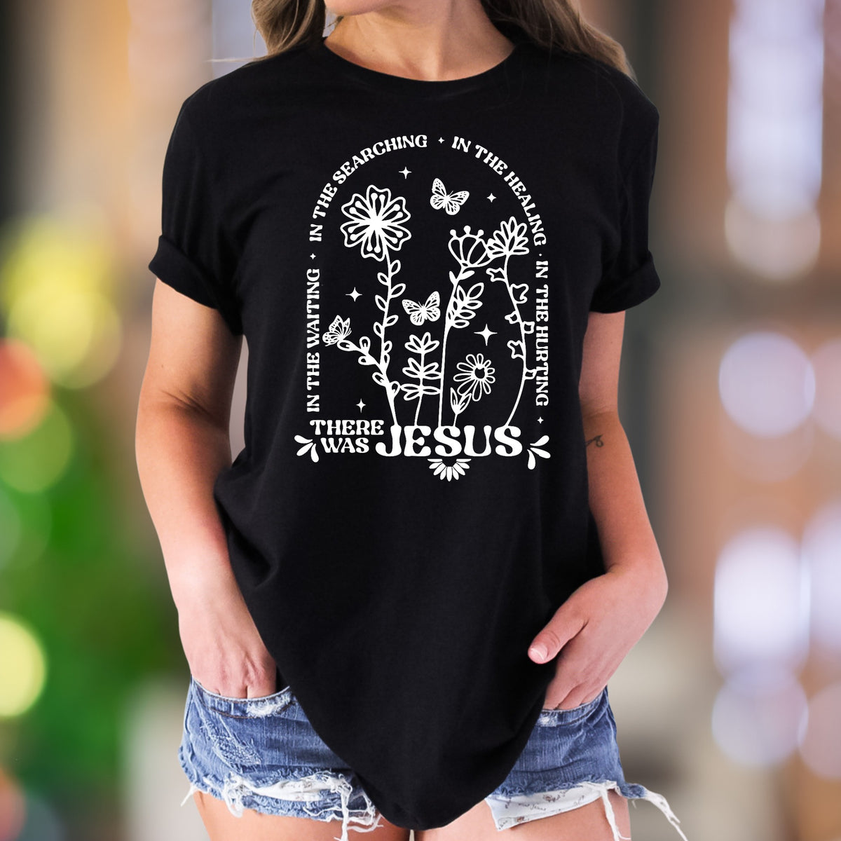 "In The Waiting, In The Searching, In The Healing, In The Hurting There Was Jesus" | Floral Graphic Unisex Adult T-Shirt | Faith-Inspired Lifestyle