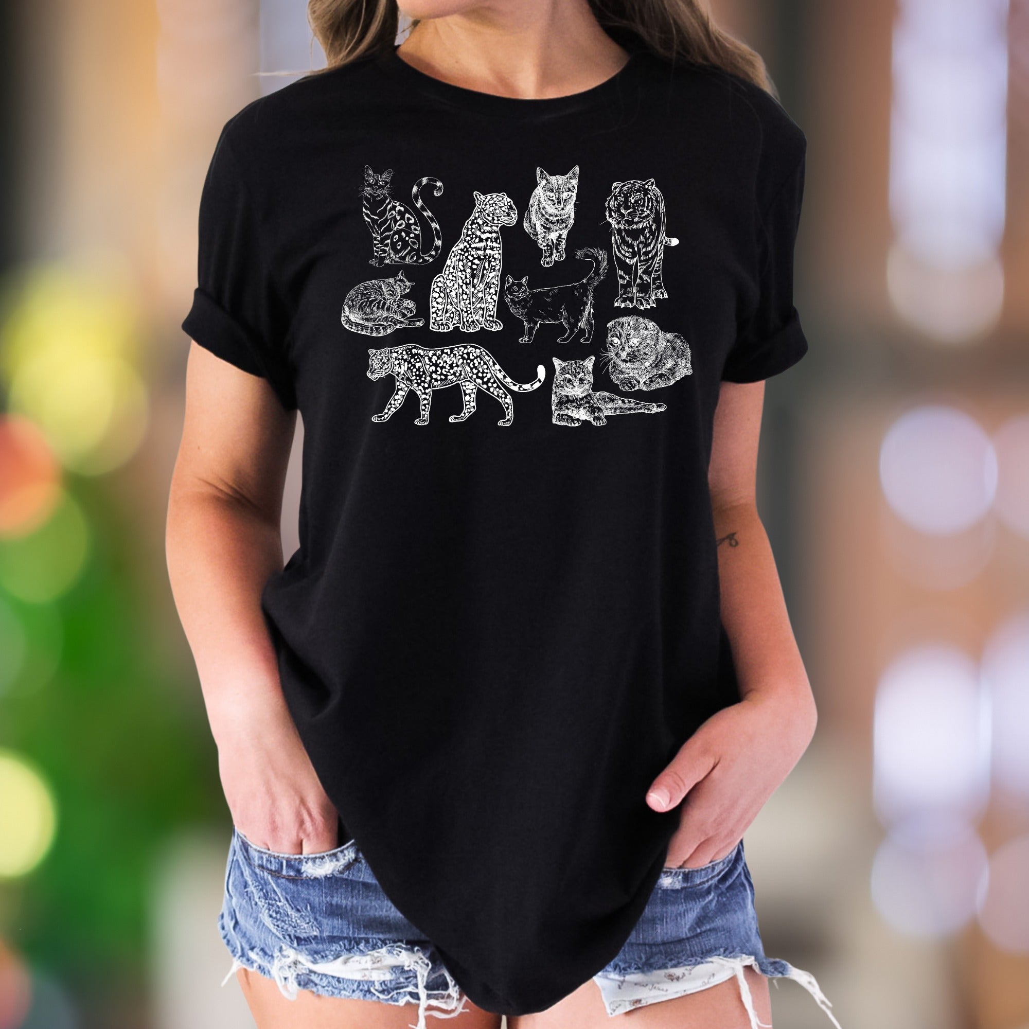 "Big Cats & Domestic Kitties" | Vintage Sketch Unisex Adult T-Shirt | Feline Lover Apparel