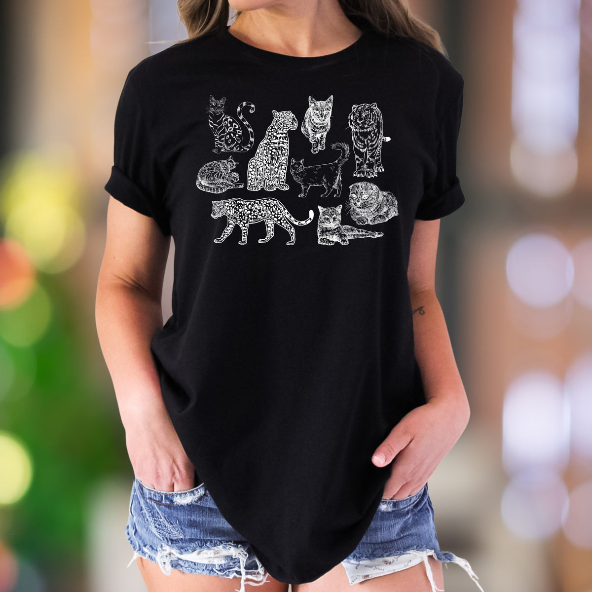 "Big Cats & Domestic Kitties" | Vintage Sketch Unisex Adult T-Shirt | Feline Lover Apparel