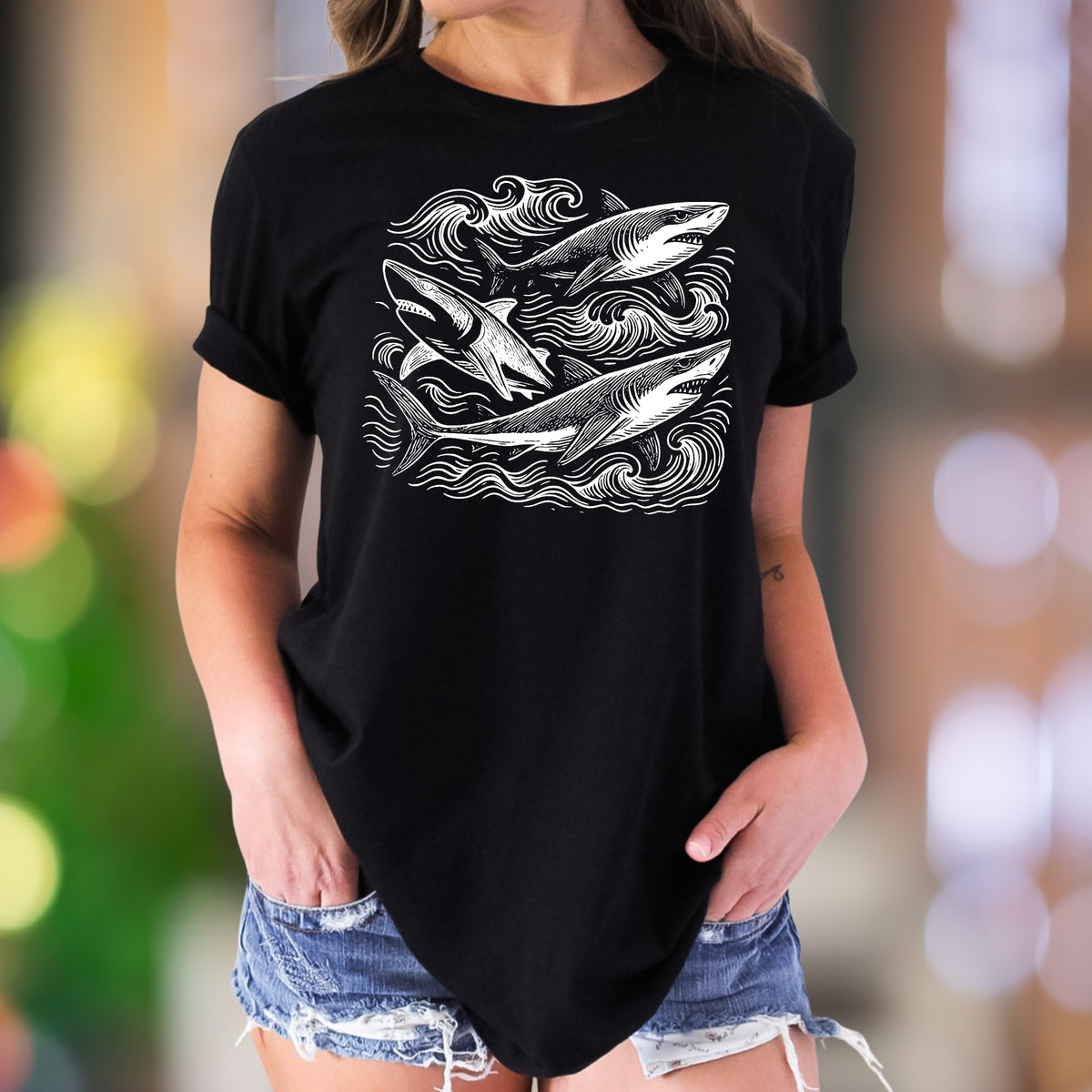 "Sharks with Waves" | Vintage Ocean Graphic Unisex Adult T-Shirt | Marine Lifestyle