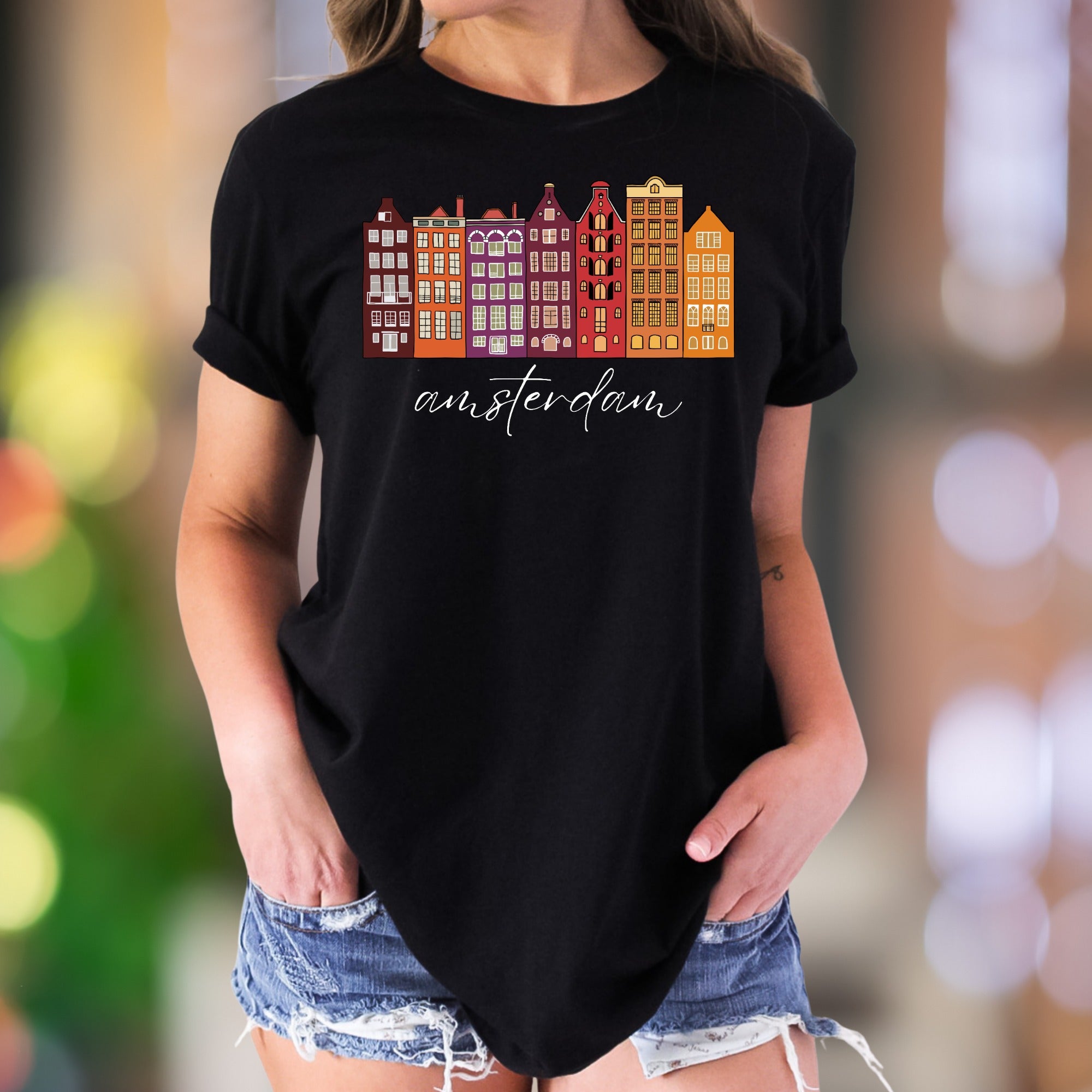 "amsterdam" | Colorful Cityscape Unisex Adult T-Shirt | Travel & Culture Apparel