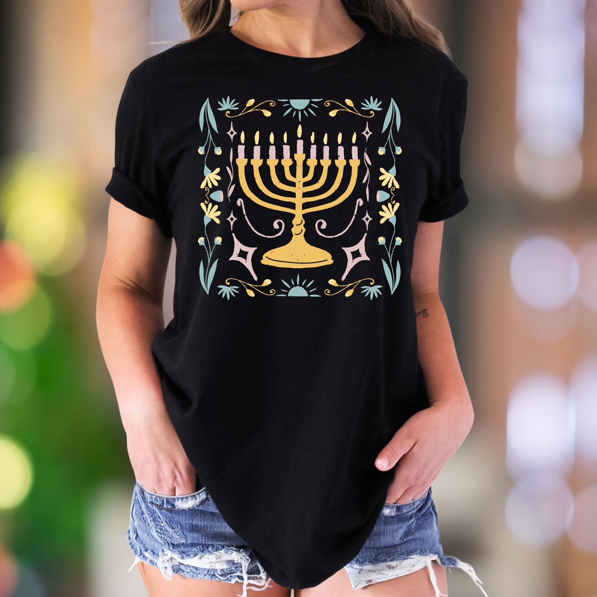 "Menorah & Floral" | Folk Art Unisex Adult T-Shirt | Festive Lifestyle