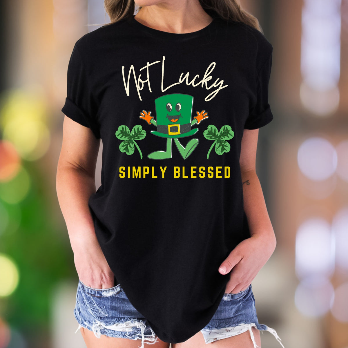 "Not Lucky Simply Blessed" | Funny Cartoon Unisex Adult T-Shirt | Positive Lifestyle