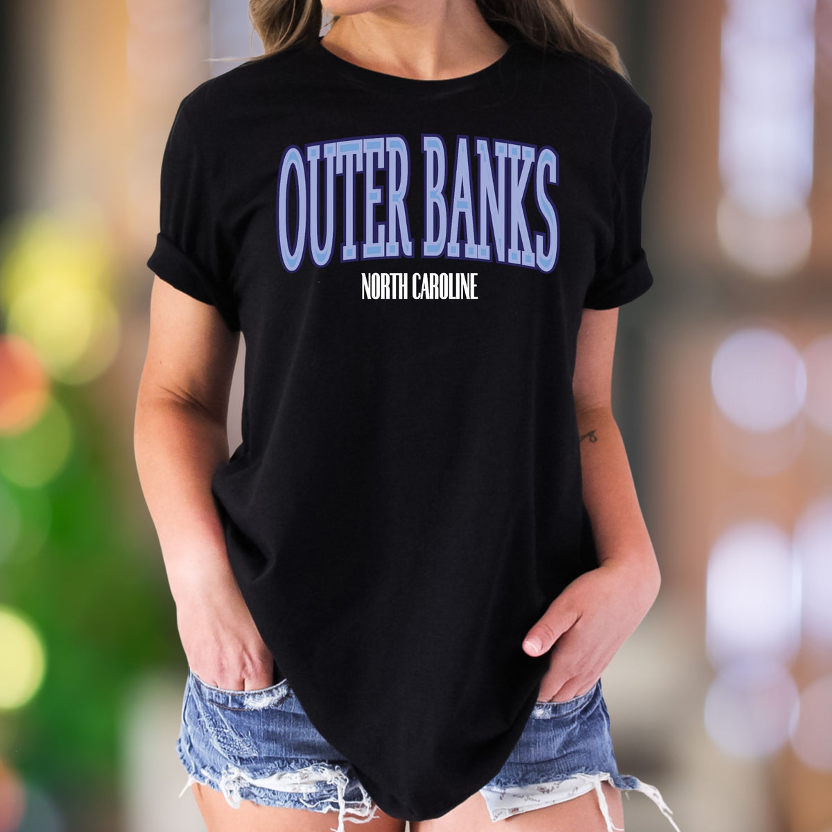 "Outer Banks North Carolina" | Retro Blue Typography Unisex Adult T-Shirt | Coastal Lifestyle