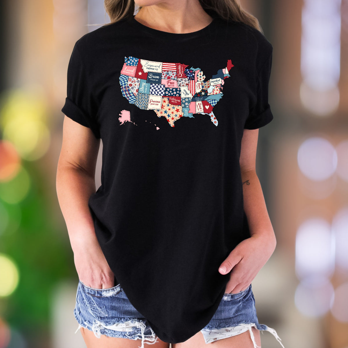 "Loved, Empowered, Capable" | Patriotic Patchwork Unisex Adult T-Shirt | Empowering Lifestyle