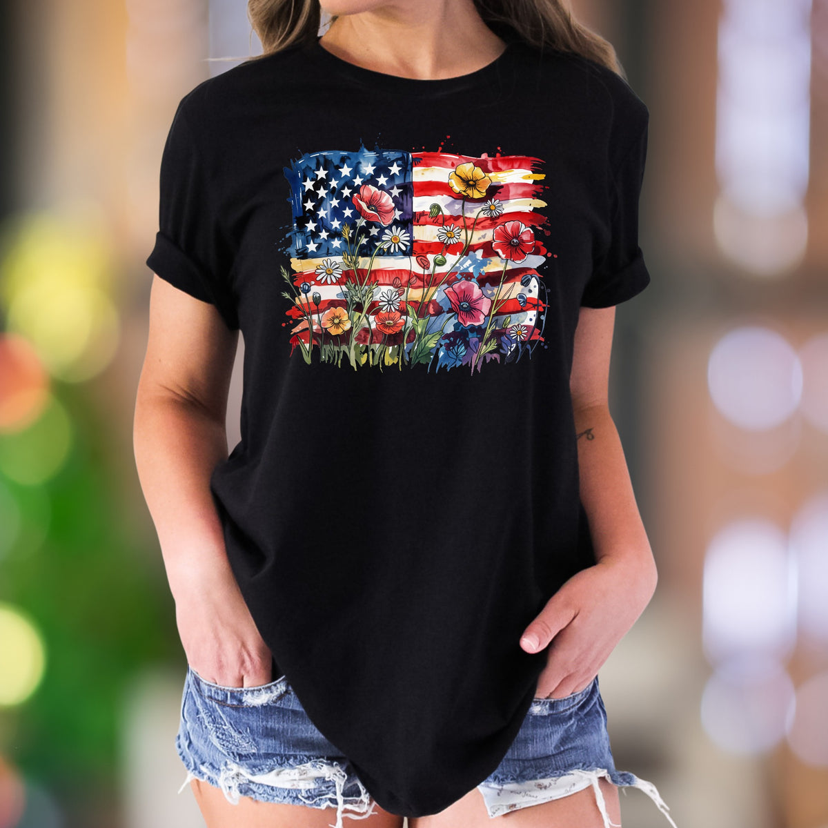 "Floral Flag Sketch" | Watercolor Graphic Unisex Adult T-Shirt | Patriotic Expression