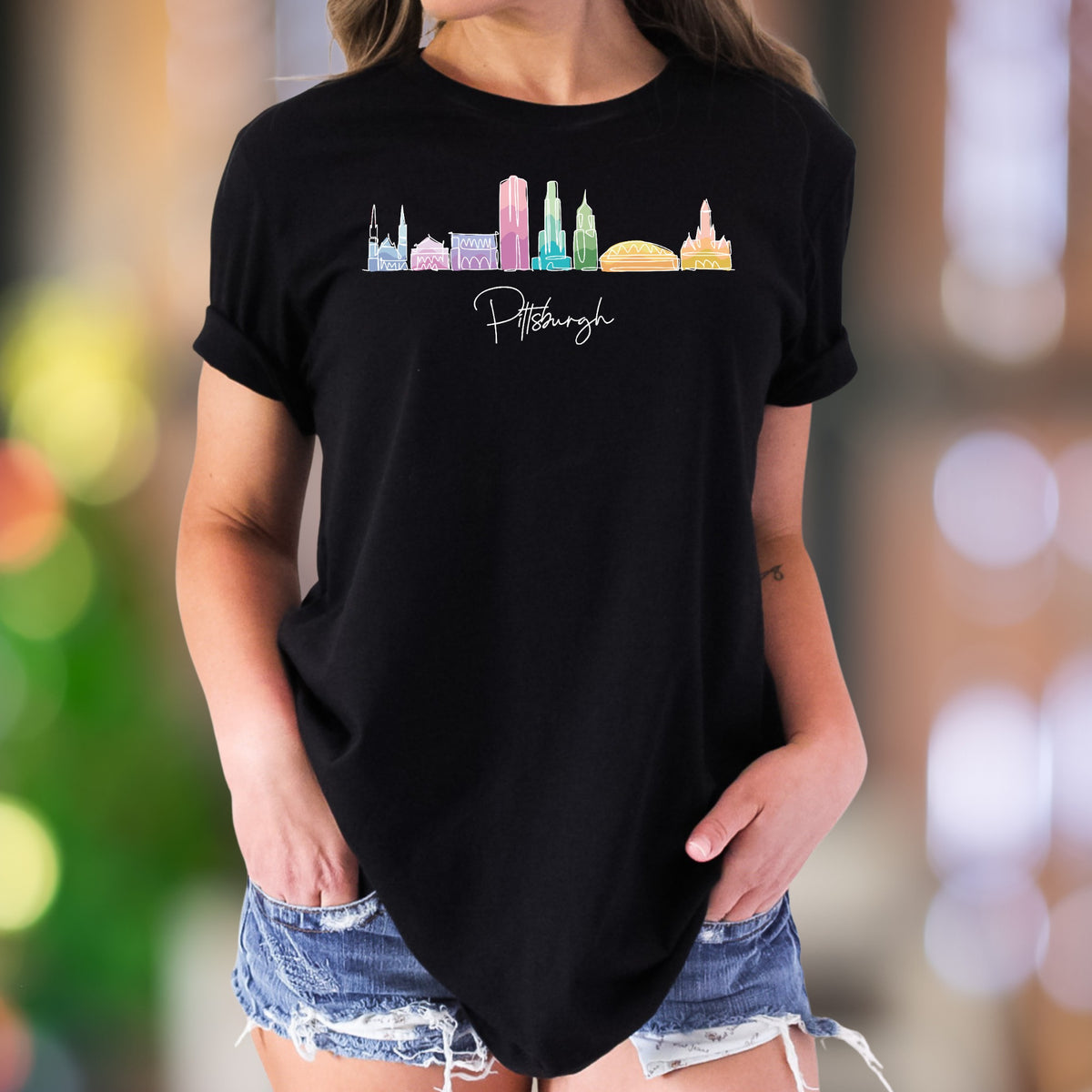 "Pittsburgh" | Colorful City Skyline Unisex Adult T-Shirt | Travel & Pride Apparel