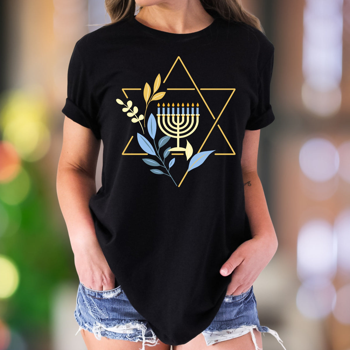 "Menorah & Star" | Modern Hanukkah Unisex Adult T-Shirt | Festive Holiday Wear