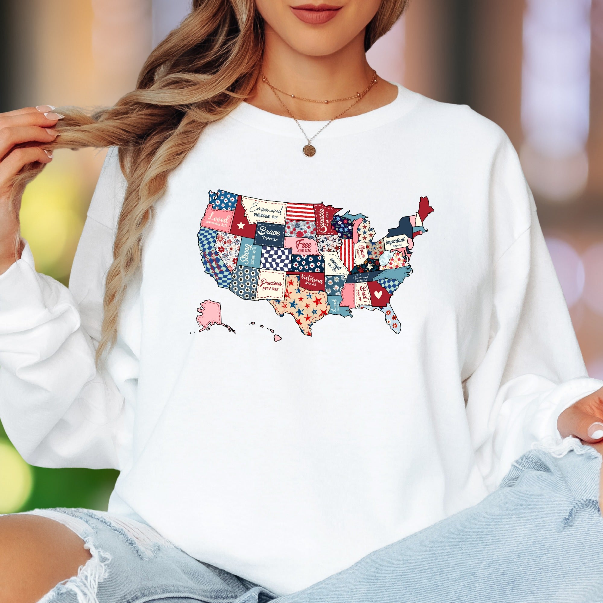 “Empowered Capable Brave Free Loved Strong Precious Victorious Redeemed Important Bold” | Vintage Patchwork Unisex Adult Long Sleeve T-Shirt | Faith-Inspired Lifestyle