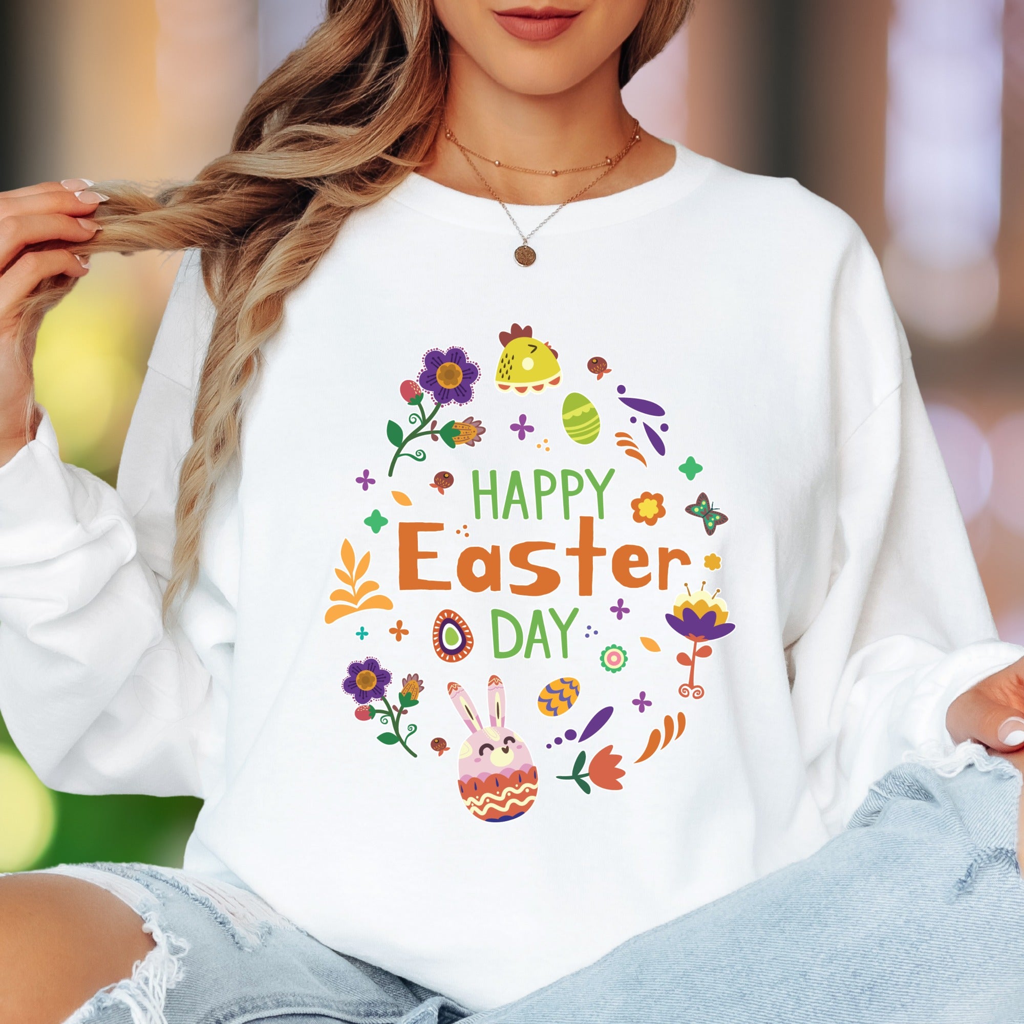 "Happy Easter Day" | Festive Graphic Unisex Adult Long Sleeve T-Shirt | Holiday Celebration