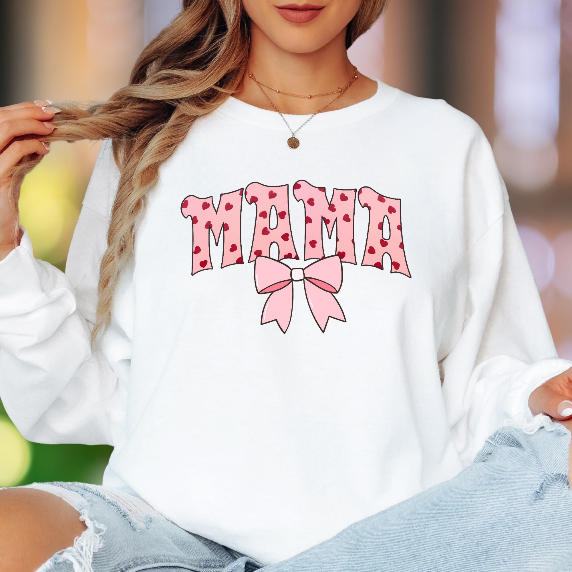 "MAMA" | Heart Pattern Typography Unisex Adult Long Sleeve T-Shirt | Loving Motherhood Style