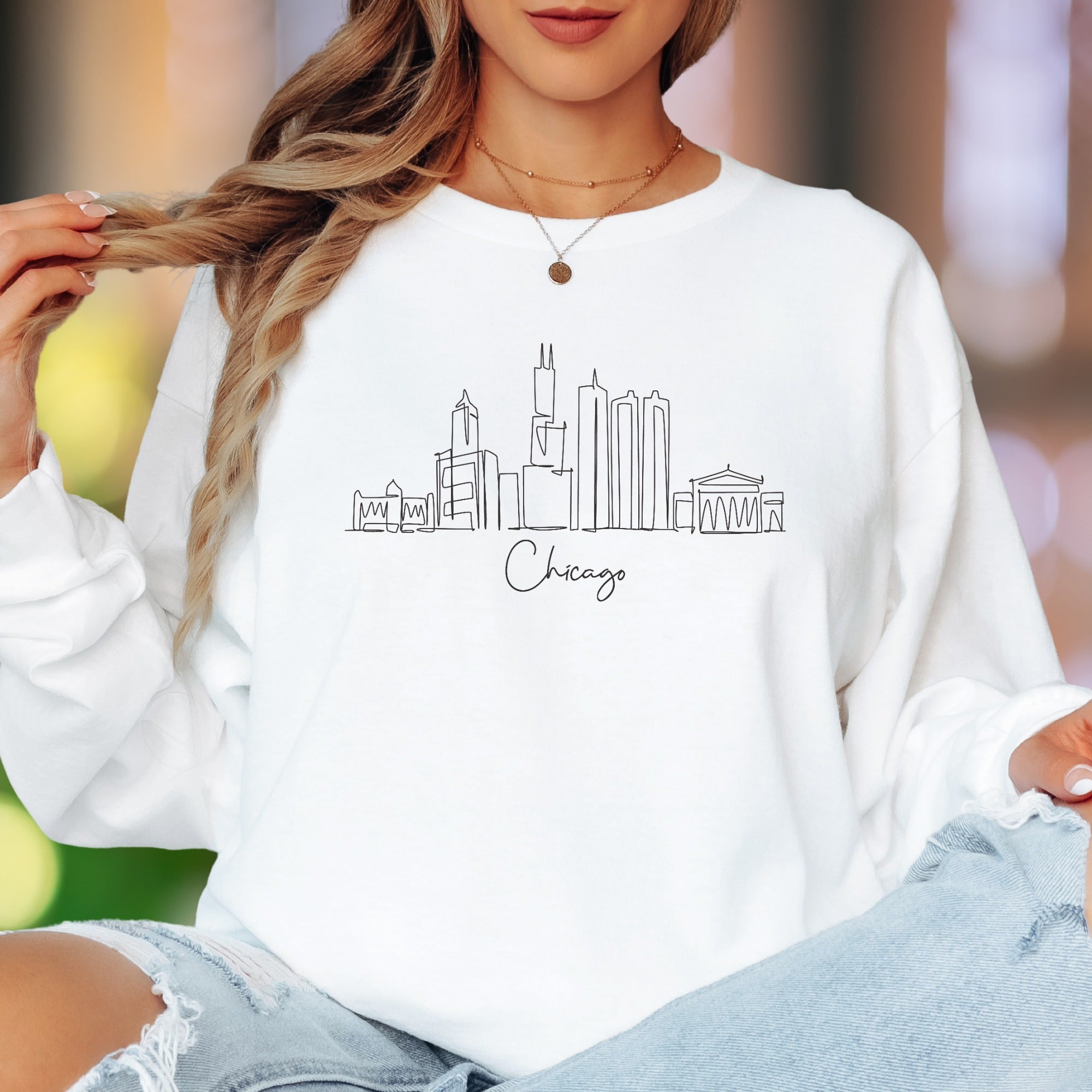"Chicago" | Minimalist Skyline Unisex Adult Long Sleeve T-Shirt | City Lifestyle