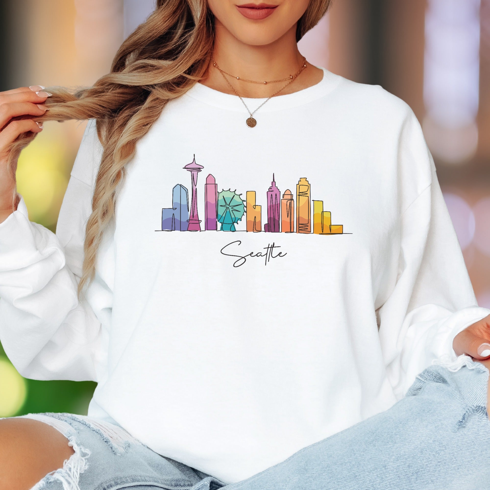 "Seattle" | Minimal Skyline Unisex Adult Long Sleeve T-Shirt | Colorful Cityscape