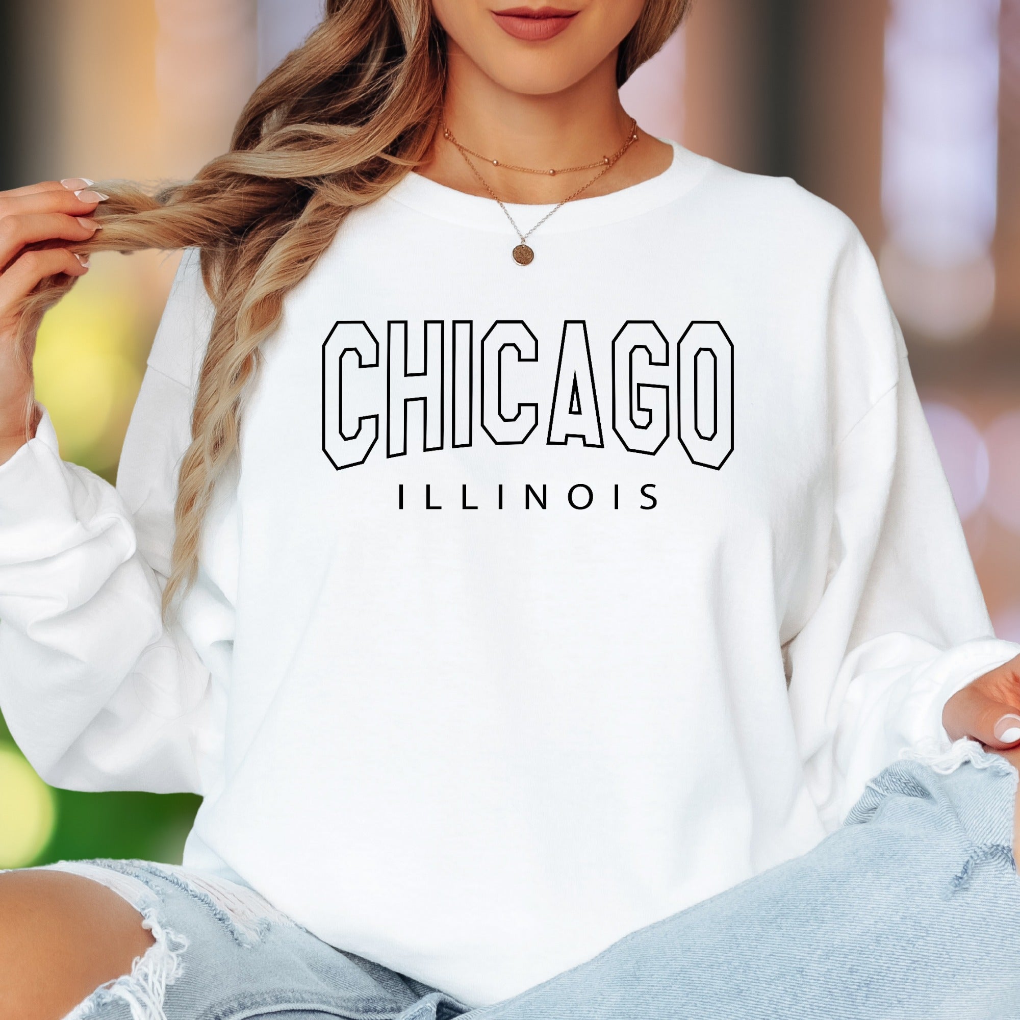 "CHICAGO ILLINOIS" | Retro College Typography Unisex Adult Long Sleeve T-Shirt | City Lifestyle Apparel