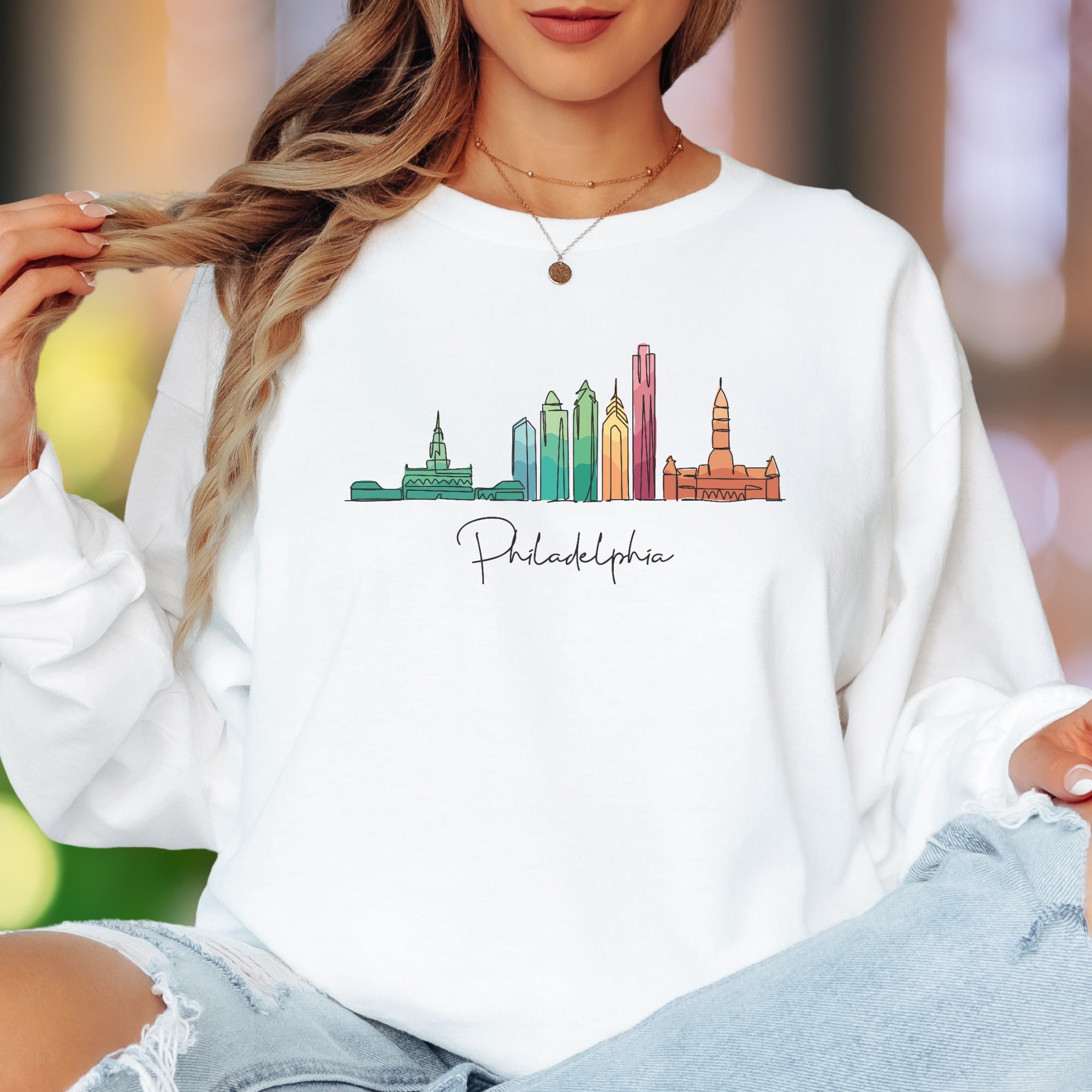 "Philadelphia" | Skyline Line Art Unisex Adult Long Sleeve T-Shirt | City Pride Apparel