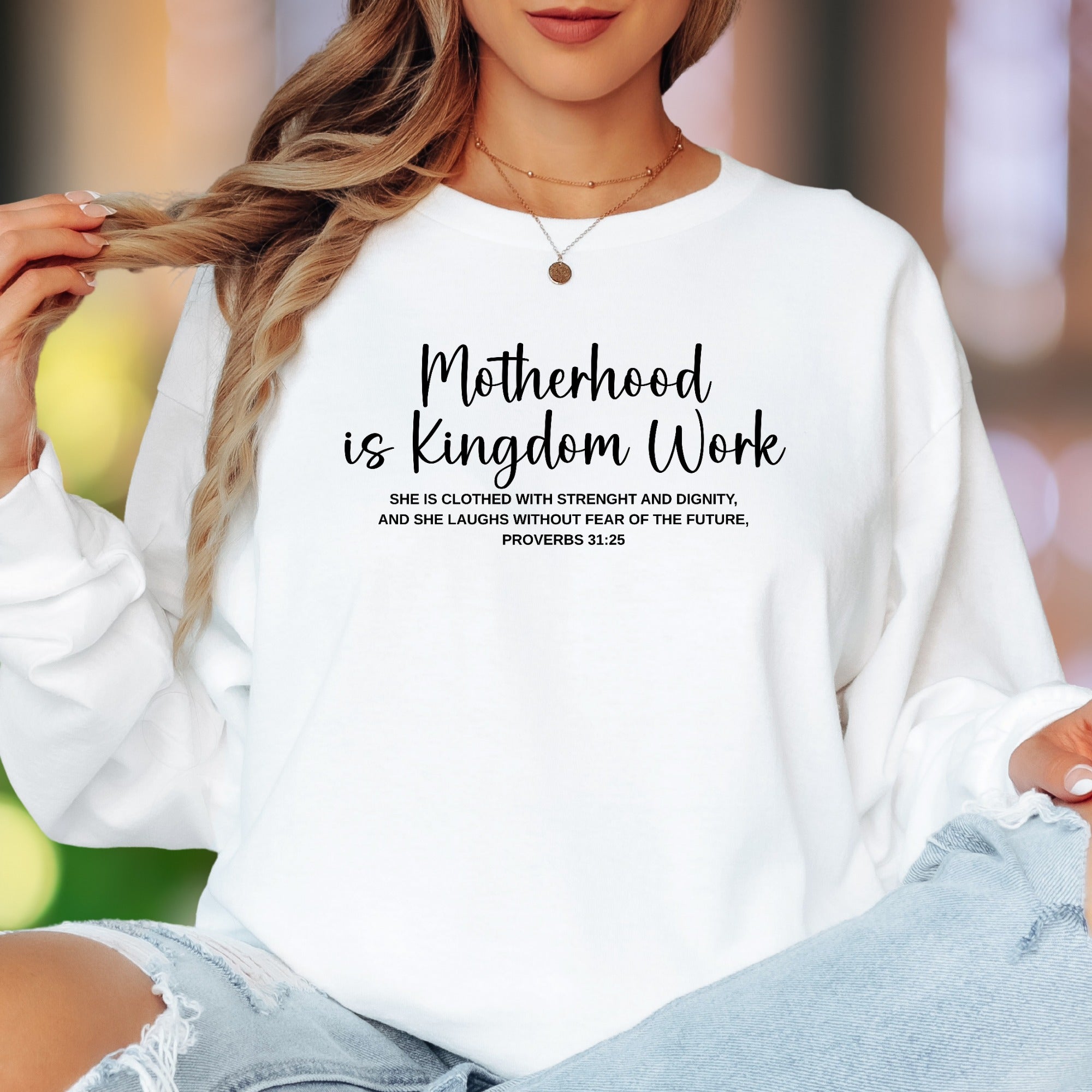 "Motherhood is Kingdom Work" | Script Typography Unisex Adult Long Sleeve T-Shirt | Faith-Inspired Lifestyle