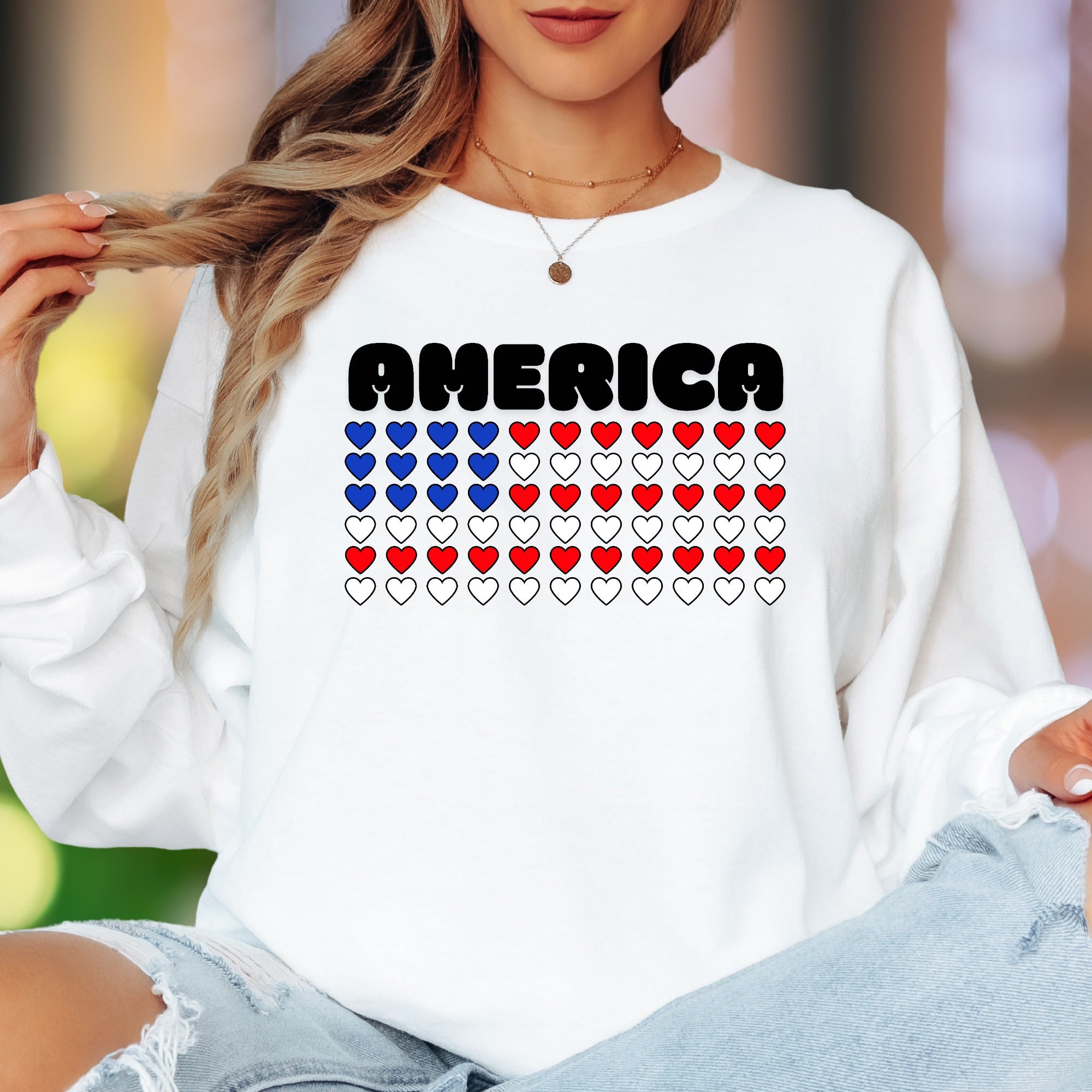 "AMERICA" | Patriotic Heart Grid Unisex Adult Long Sleeve T-Shirt | Heritage Pride