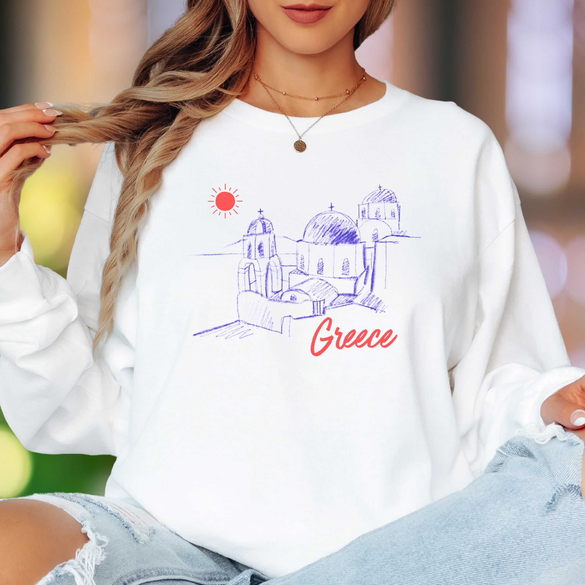 "Greece" | Sketch Art Unisex Adult Long Sleeve T-Shirt | Travel & Wanderlust