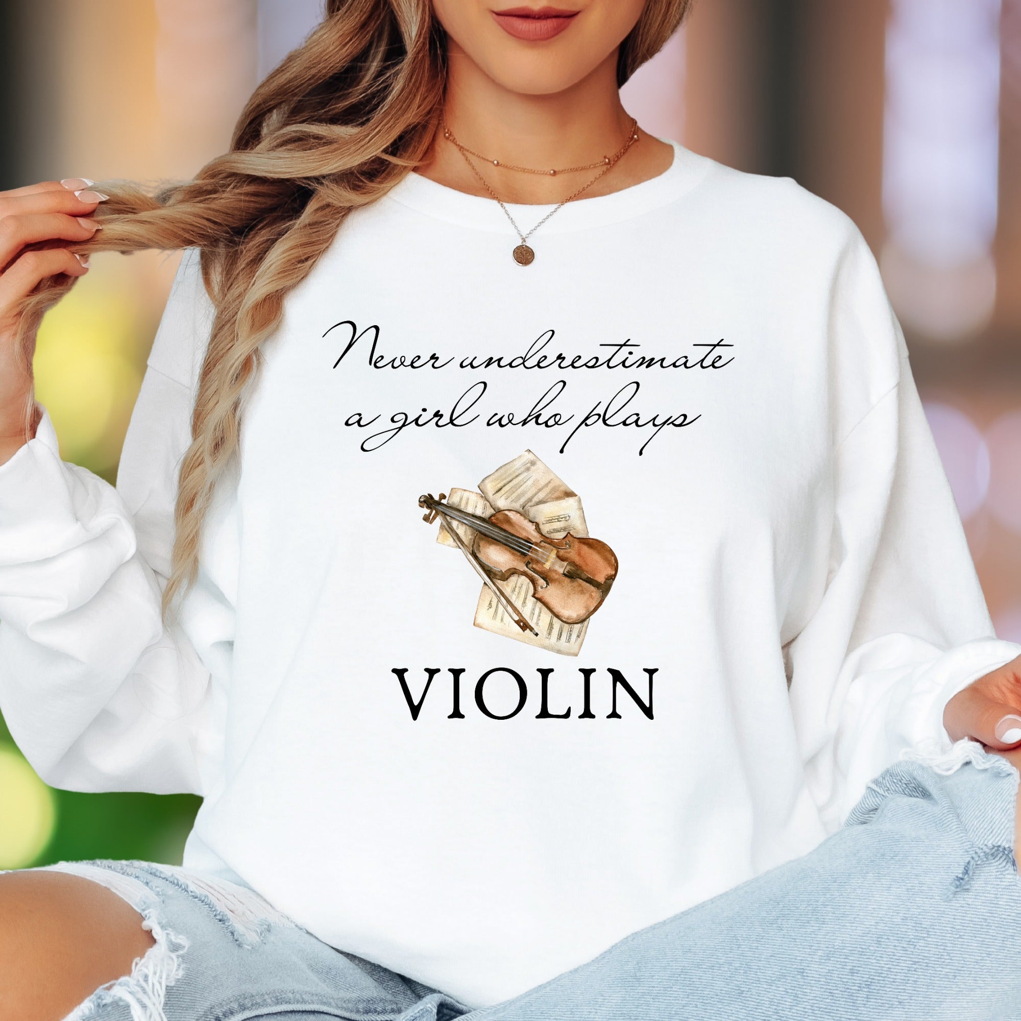 "Never Underestimate A Girl Who Plays Violin" | Artistic Expression Unisex Adult Long Sleeve T-Shirt | Musician Lifestyle