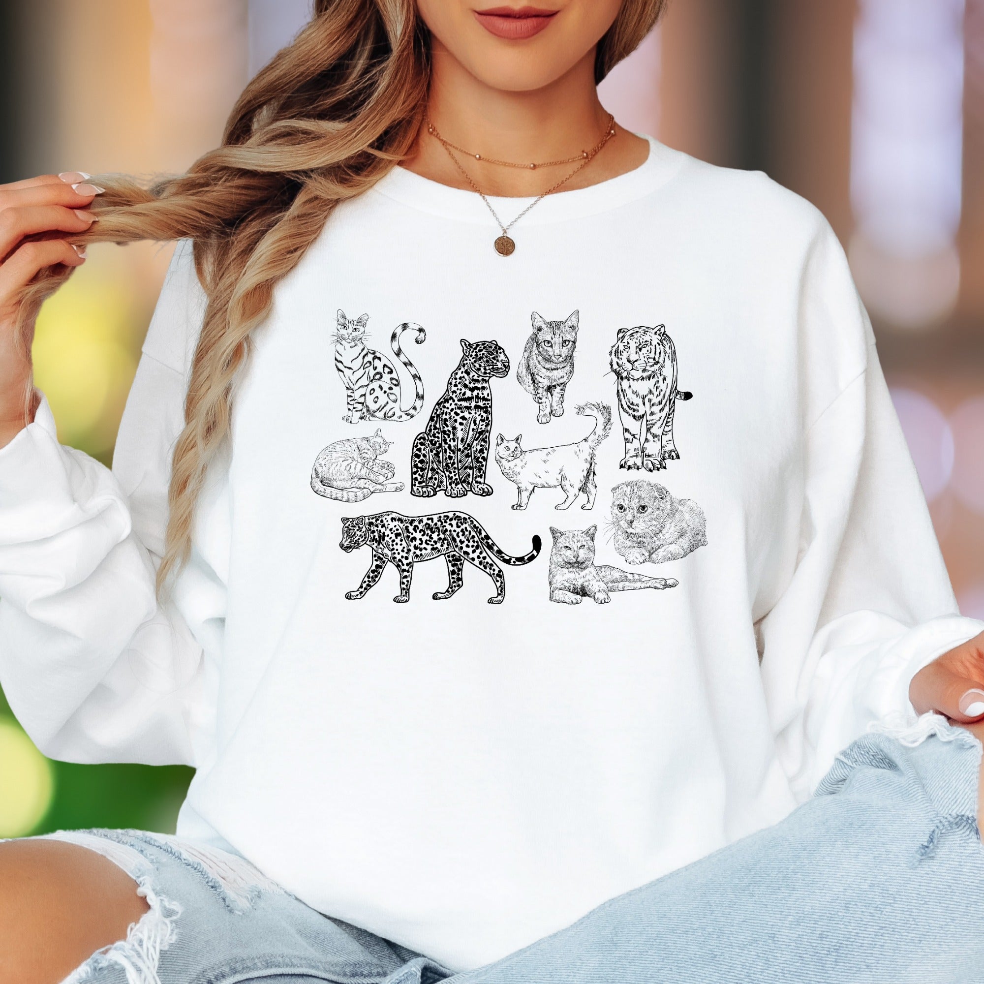 "Feline Friends" | Vintage Cat Illustration Unisex Adult Long Sleeve T-Shirt | Animal Lover Apparel
