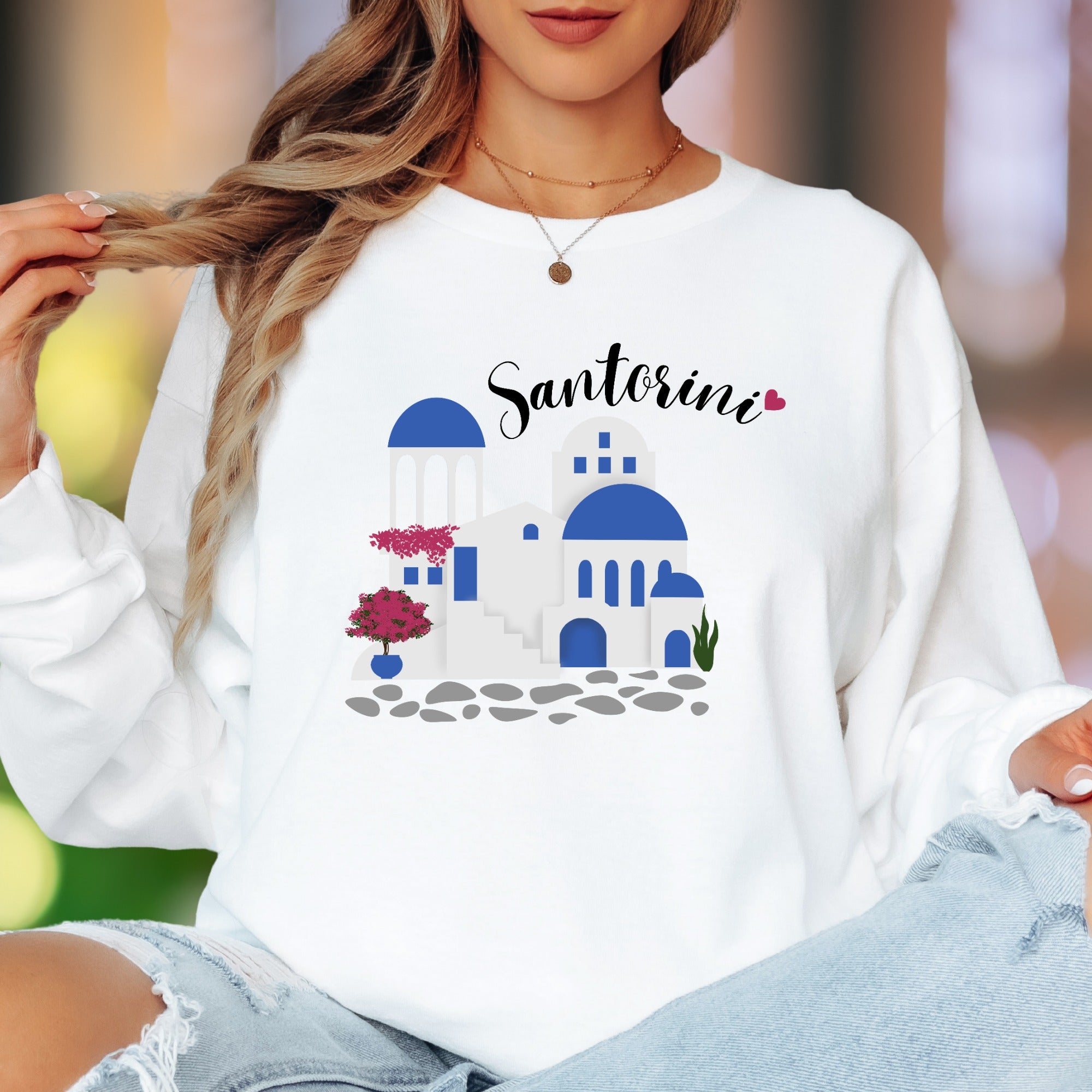 "Santorini" | Minimal Travel Unisex Adult Long Sleeve T-Shirt | Vacation & Wanderlust