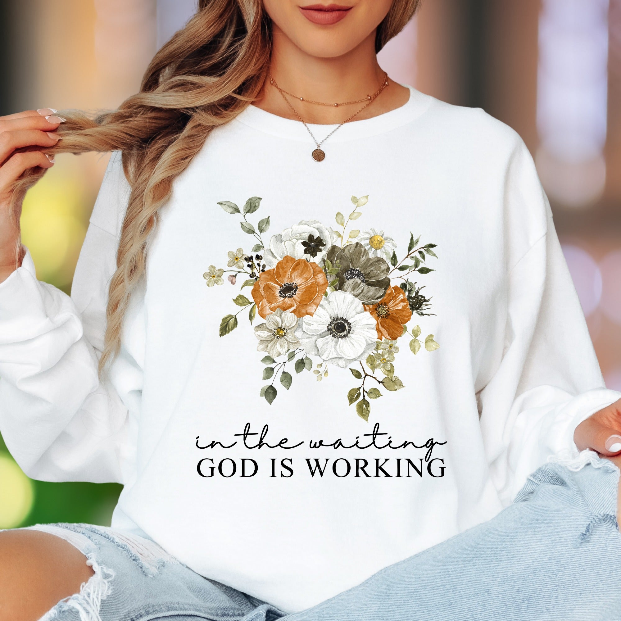"In The Waiting, God Is Working" | Floral Typography Unisex Adult Long Sleeve T-Shirt | Inspirational Faithwear