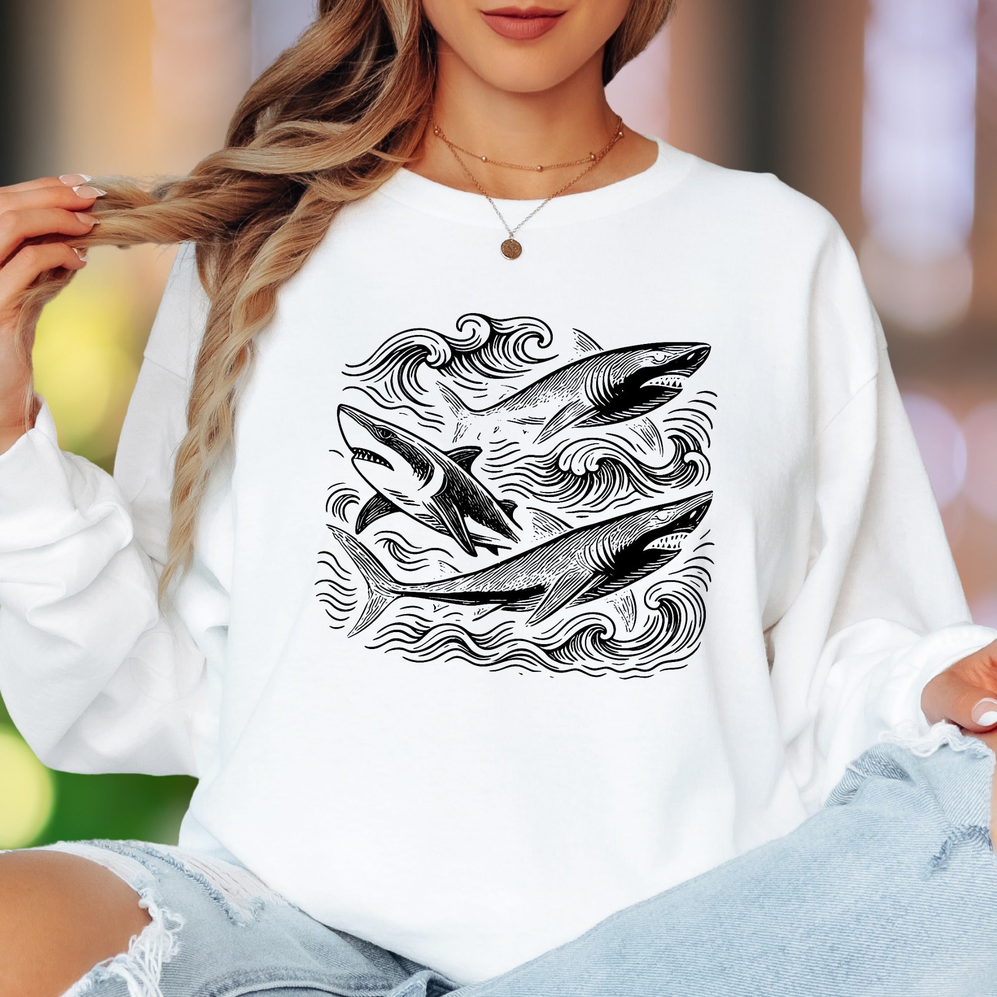 Oceanic Shark Design | Nature Art Unisex Adult Long Sleeve T-Shirt | Marine Lifestyle