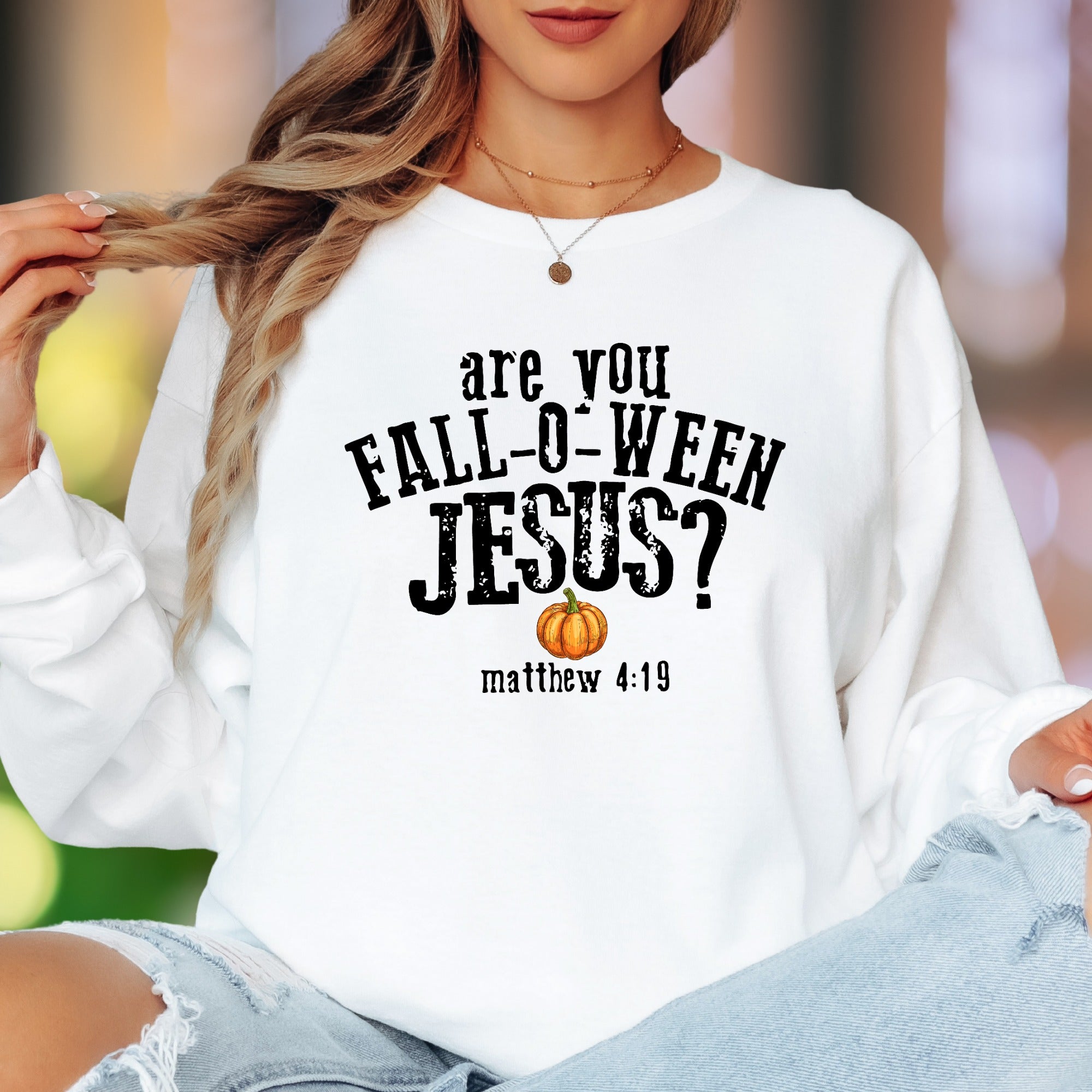 "Are You Fall-O-Ween Jesus?" | Playful Typography Unisex Adult Long Sleeve T-Shirt | Faith-Inspired Fun