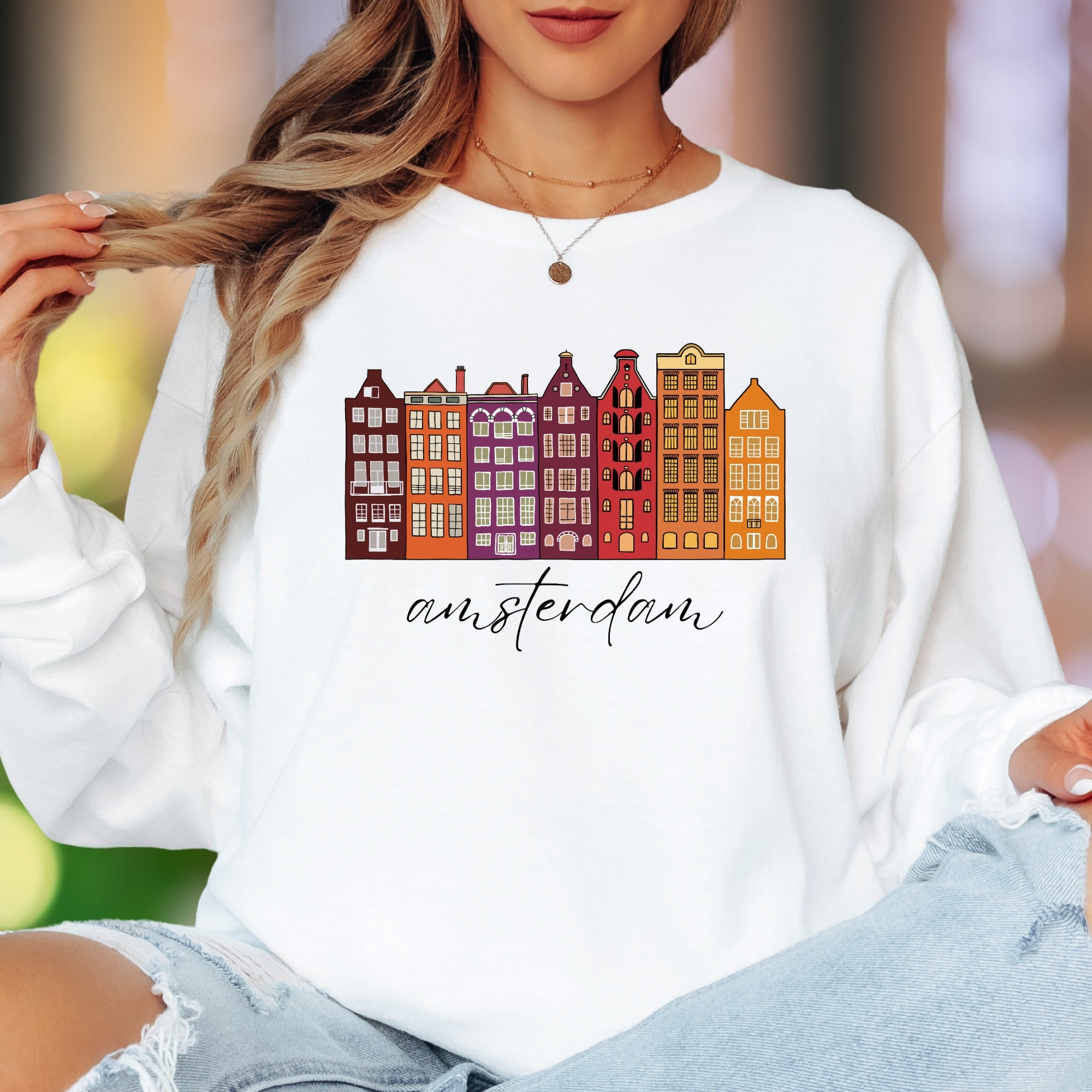 "amsterdam" | Cityscape Retro Unisex Adult Long Sleeve T-Shirt | Travel & Culture Lifestyle