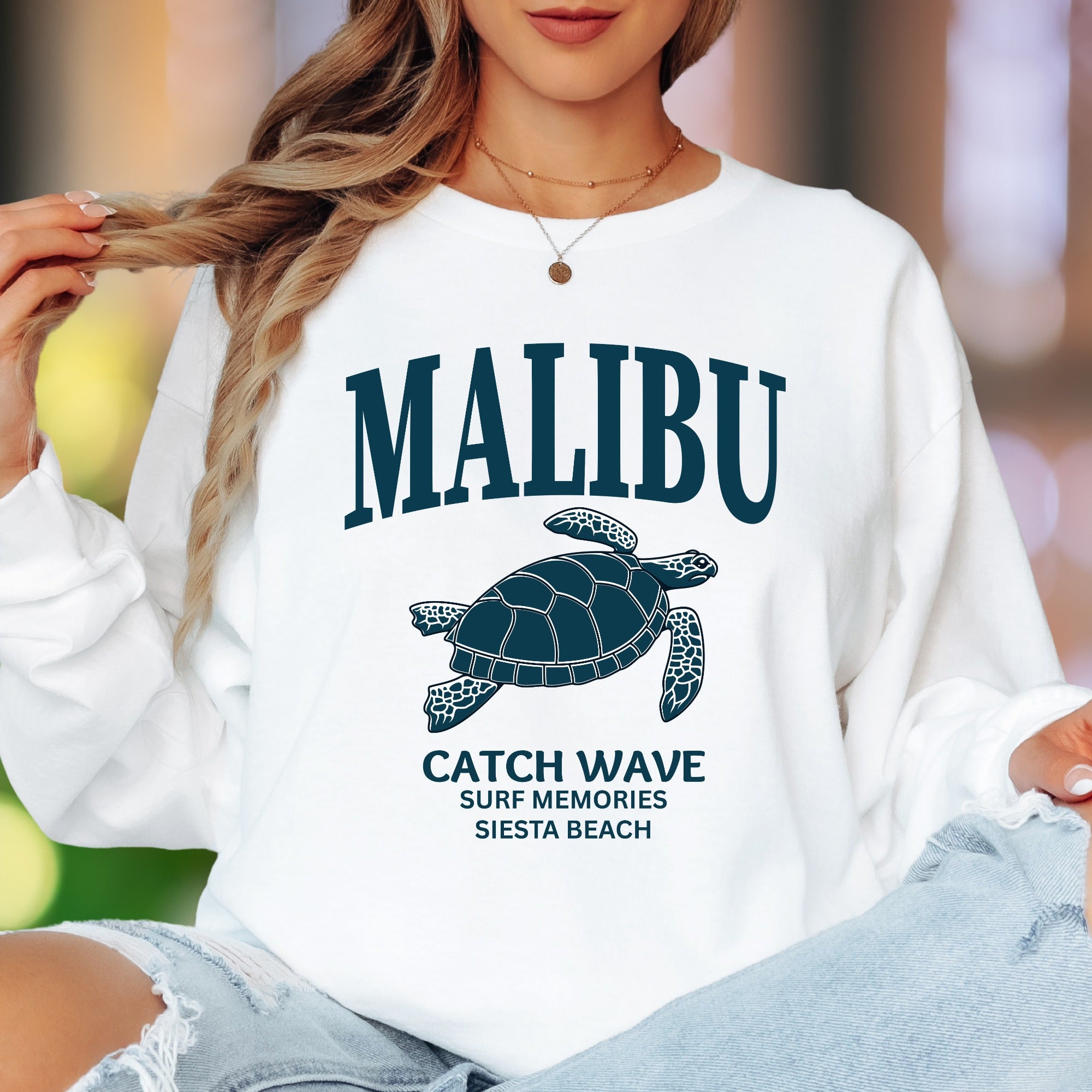 "MALIBU Catch Wave Surf Memories Siesta Beach" | Coastal Retro Unisex Adult Long Sleeve T-Shirt | Beach Lifestyle