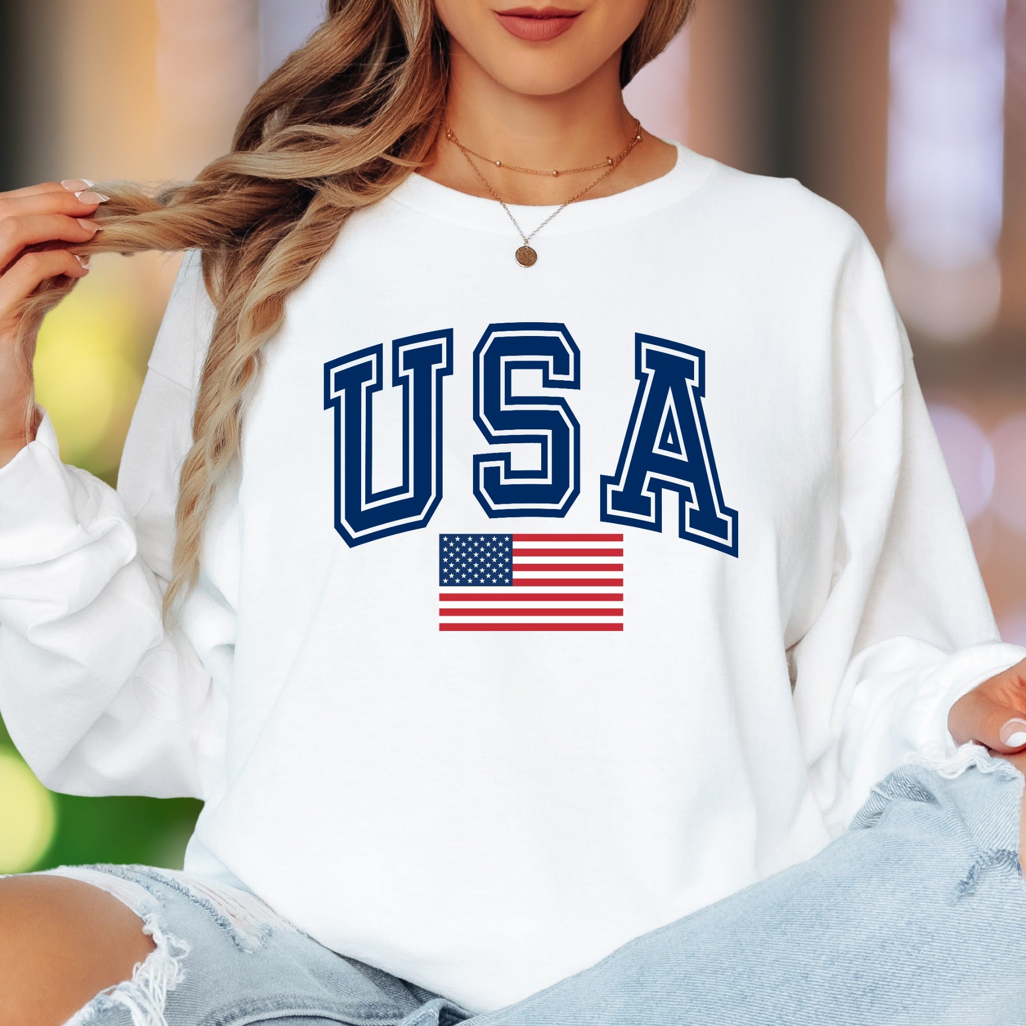 "USA" | Patriotic Bold Typography Unisex Adult Long Sleeve T-Shirt | American Pride Apparel