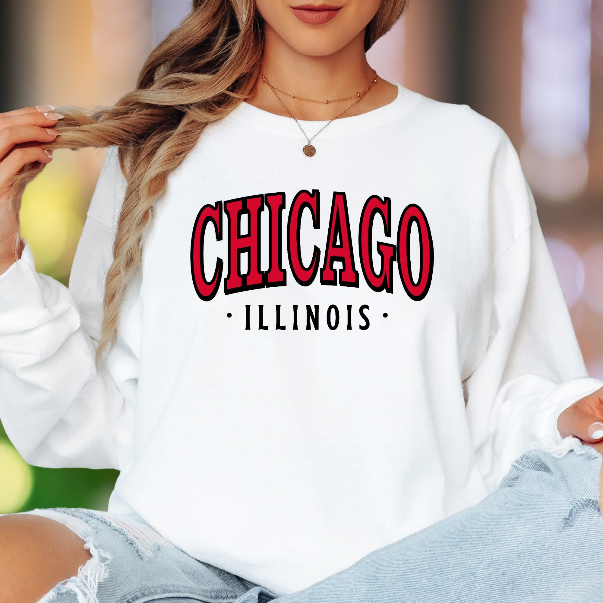 "CHICAGO • ILLINOIS" | Retro Typography Unisex Adult Long Sleeve T-Shirt | City Pride Apparel