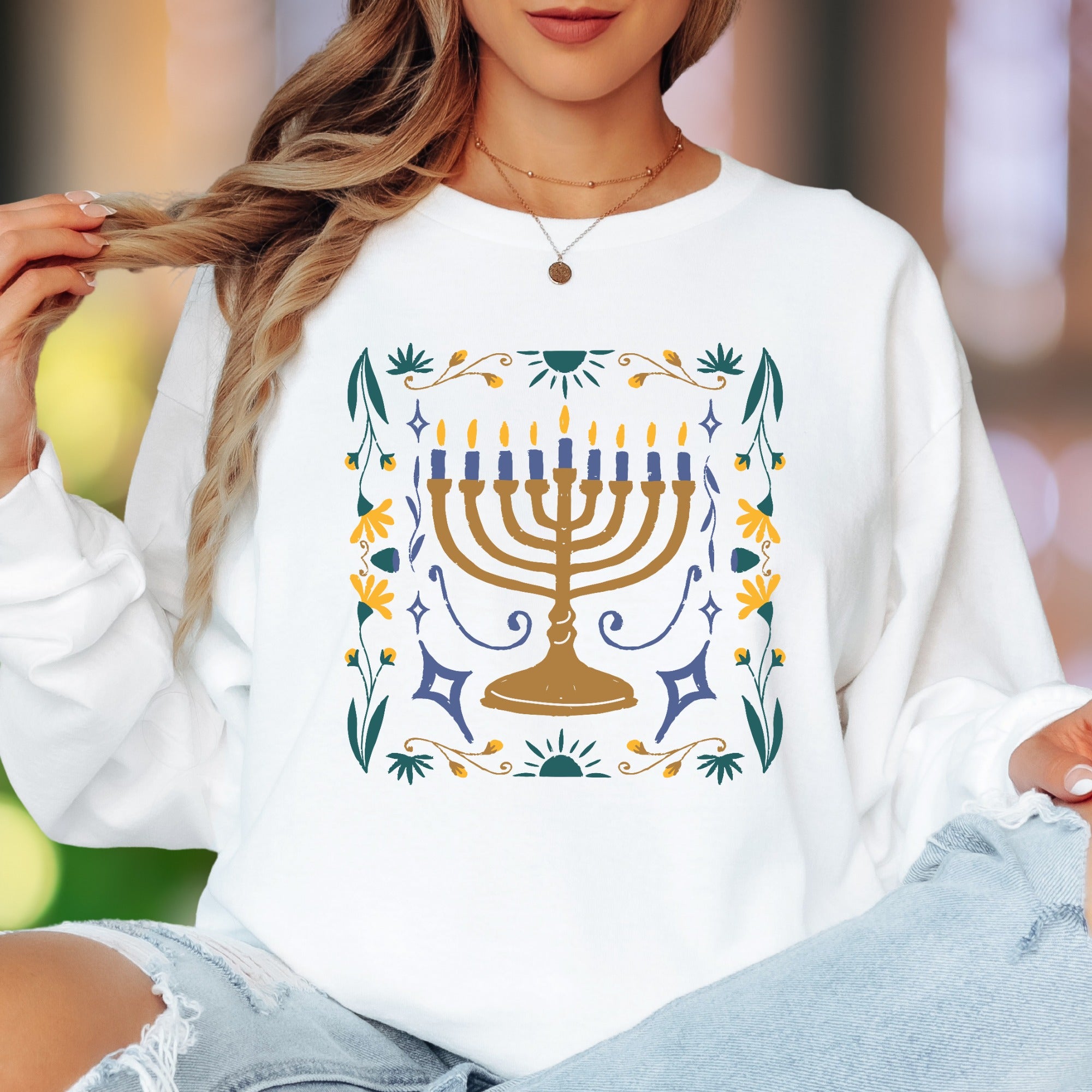 Minimalist Menorah | Floral Folk Art Unisex Adult Long Sleeve T-Shirt | Festive Lifestyle