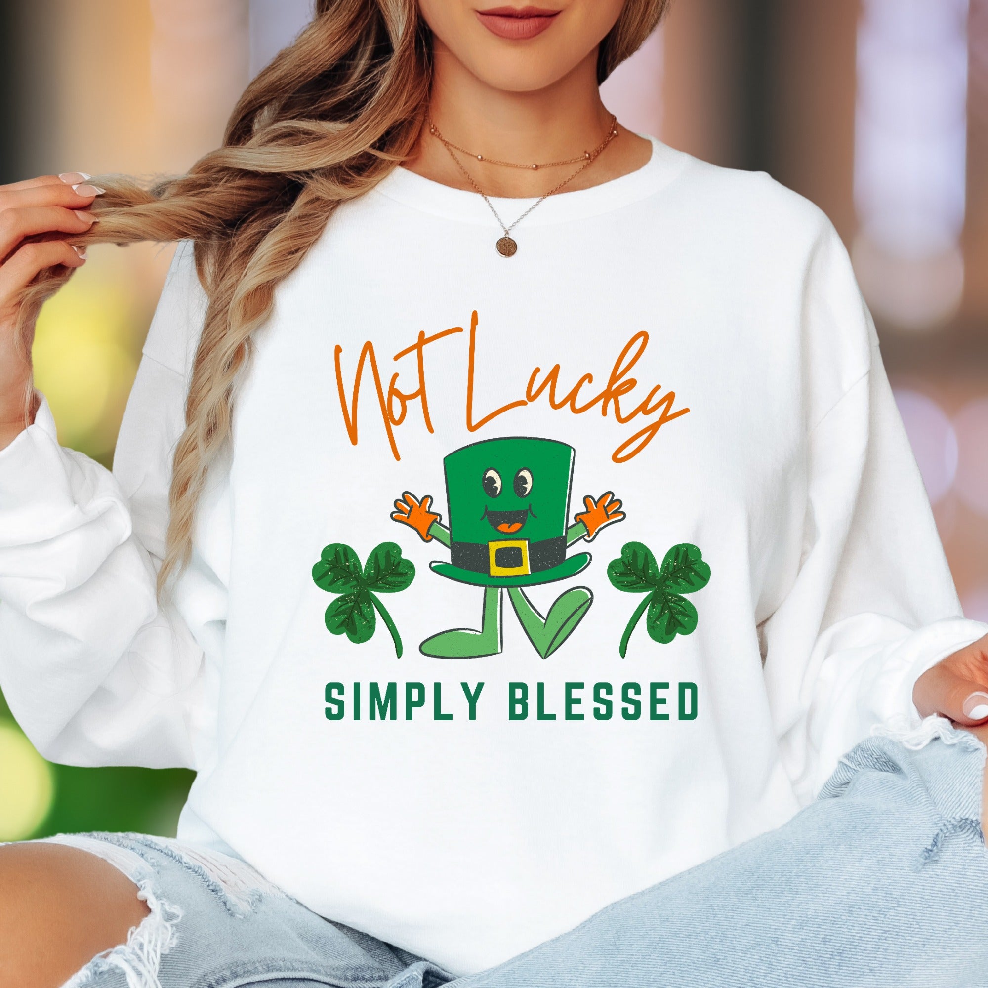 "Not Lucky Simply Blessed" | Funny St. Patrick's Day Unisex Adult Long Sleeve T-Shirt | Humorous Lifestyle Main image