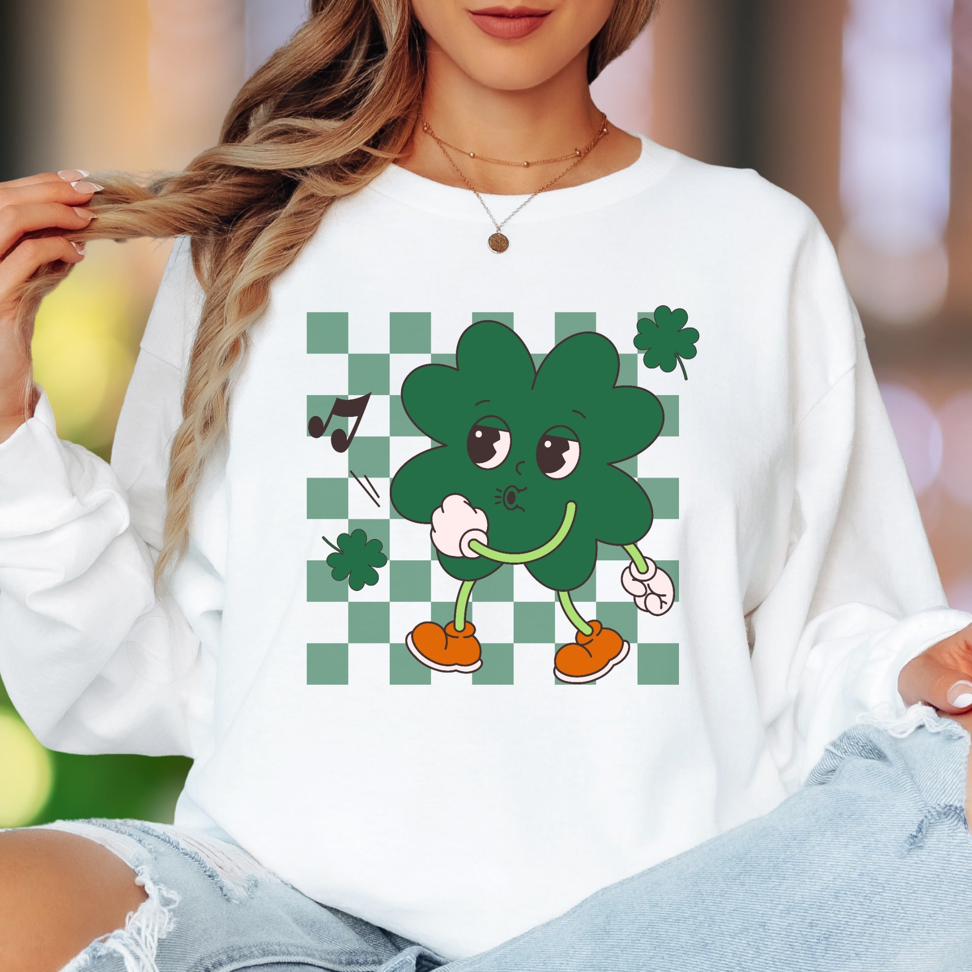 "Groovy Shamrock" | Retro Checkerboard Unisex Adult Long Sleeve T-Shirt | Playful St. Patrick's Day Style