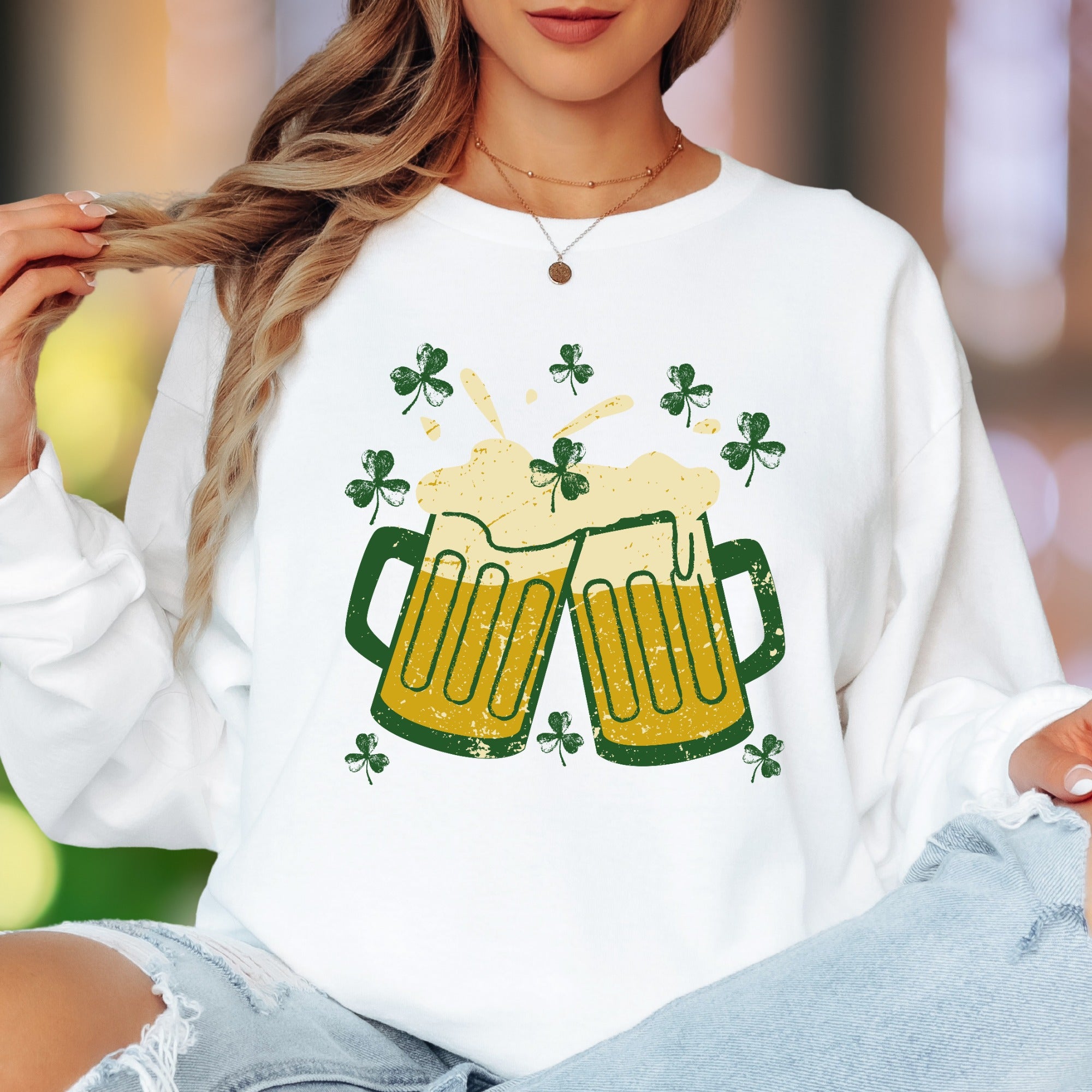 St. Patrick's Day Cheers | Distressed Graphic Unisex Adult Long Sleeve T-Shirt | Festive Lifestyle