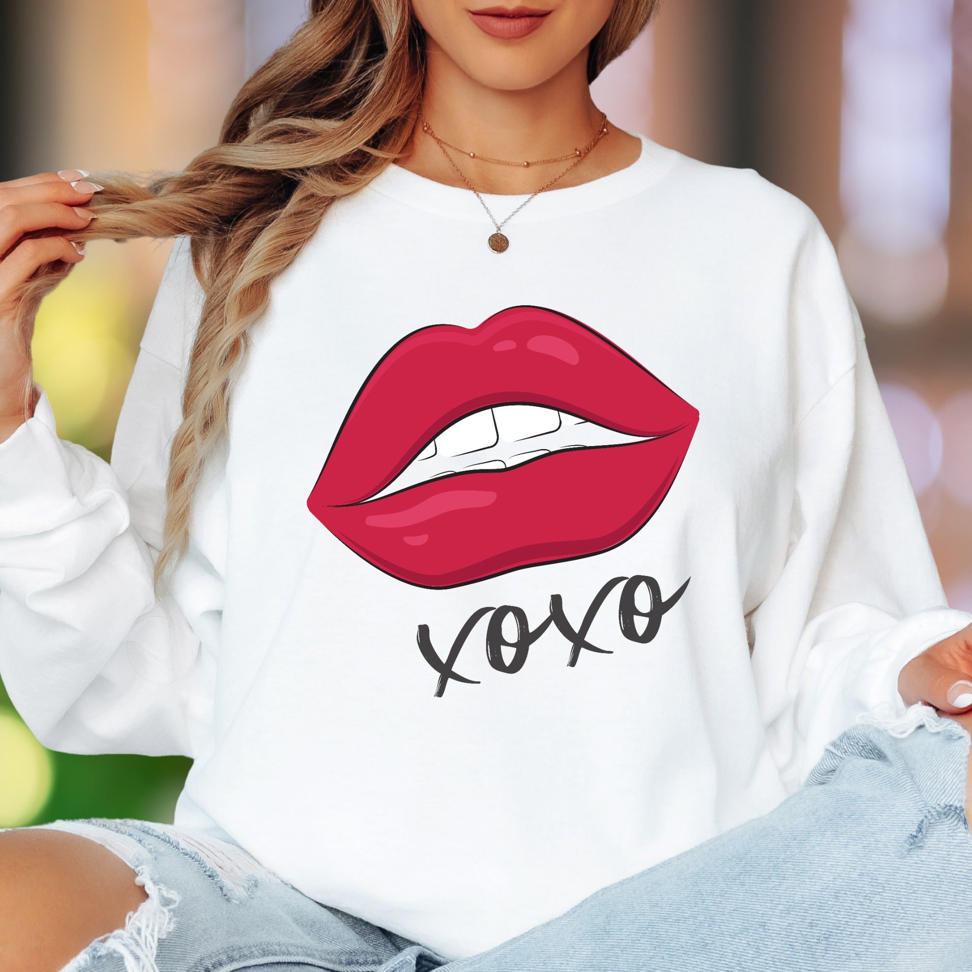 "XOXO" | Bold Lips Graphic Unisex Adult Long Sleeve T-Shirt | Affectionate Streetwear