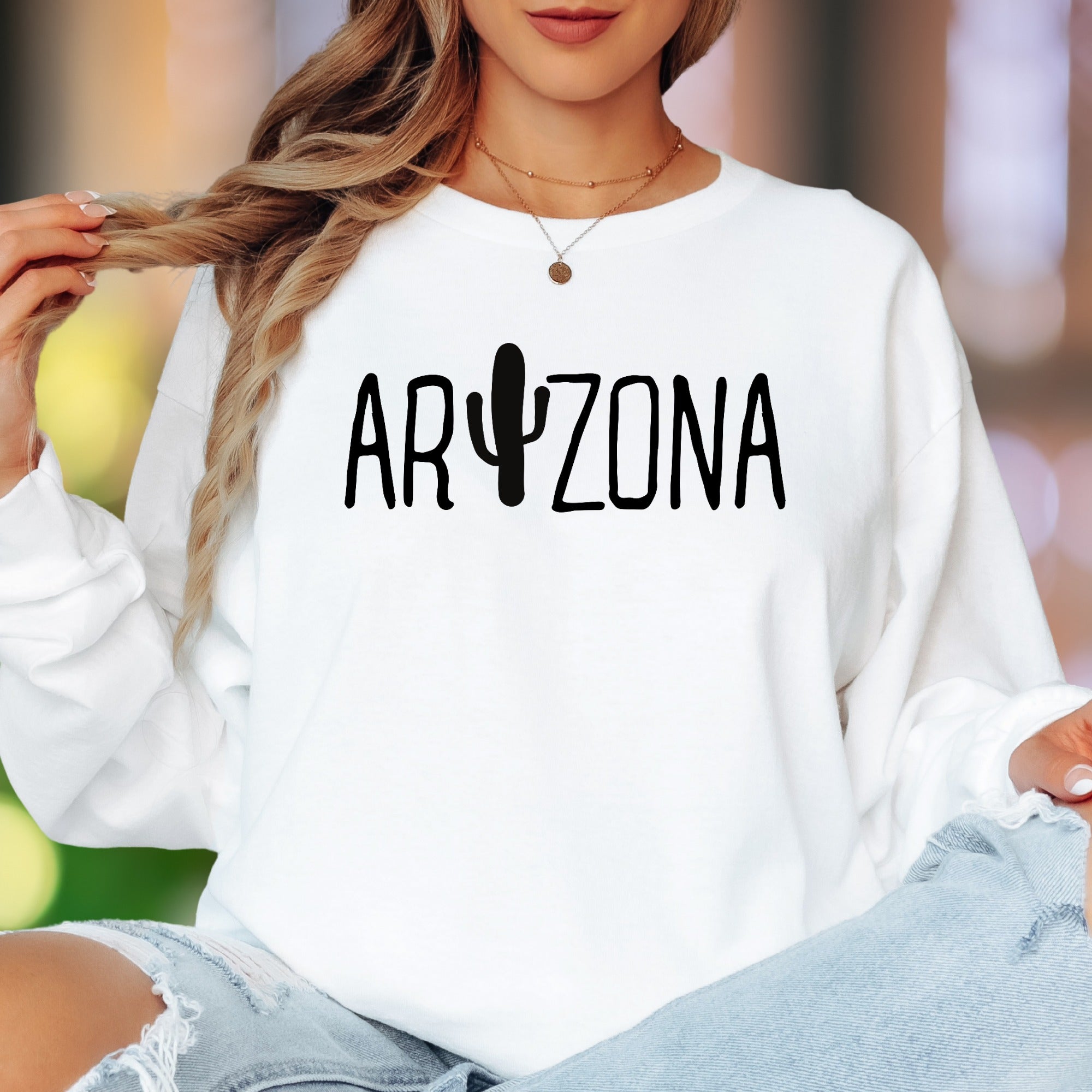 "Arizona" | Cactus Typography Unisex Adult Long Sleeve T-Shirt | Desert Lifestyle Apparel