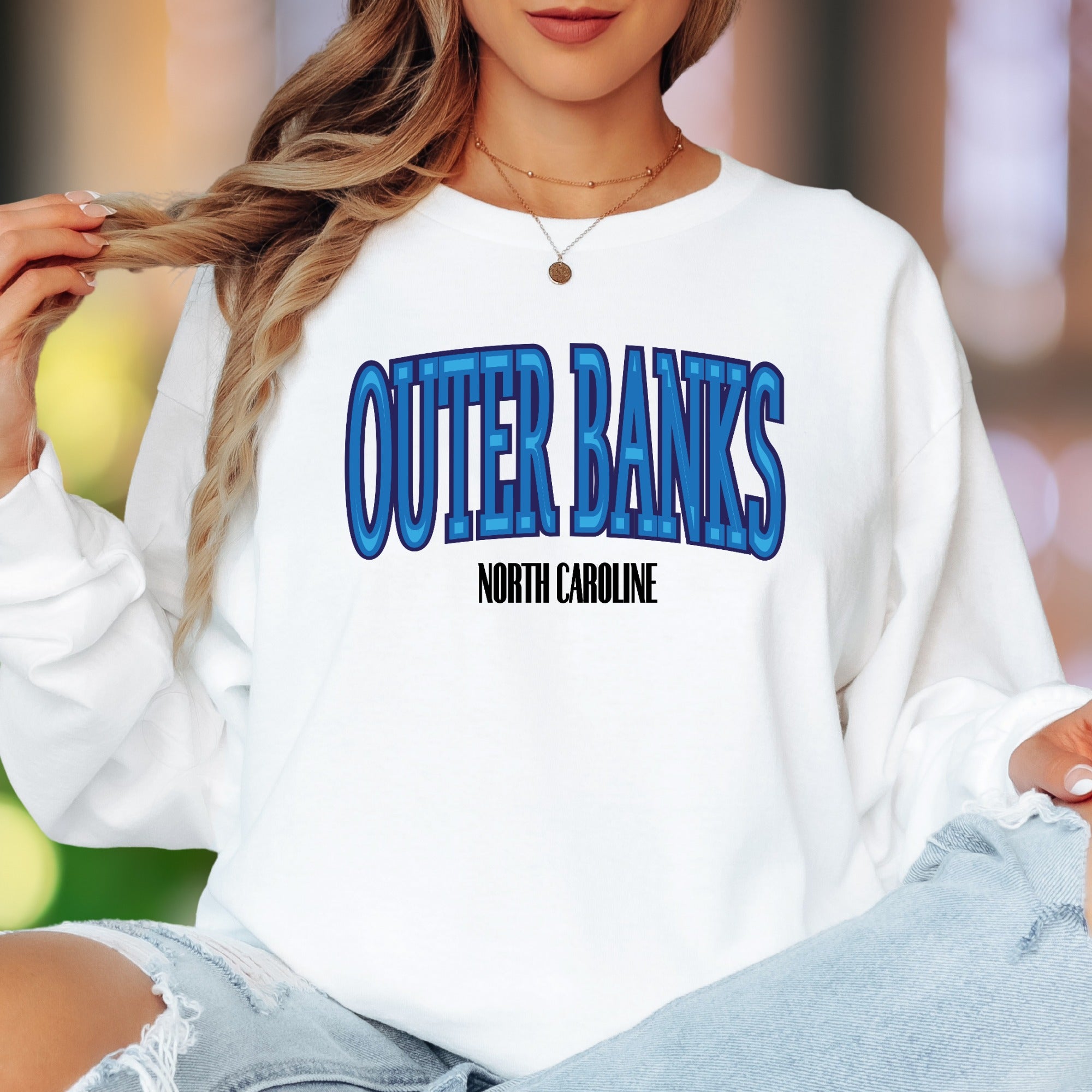 "Outer Banks North Carolina" | Retro Typography Unisex Adult Long Sleeve T-Shirt | Coastal Lifestyle