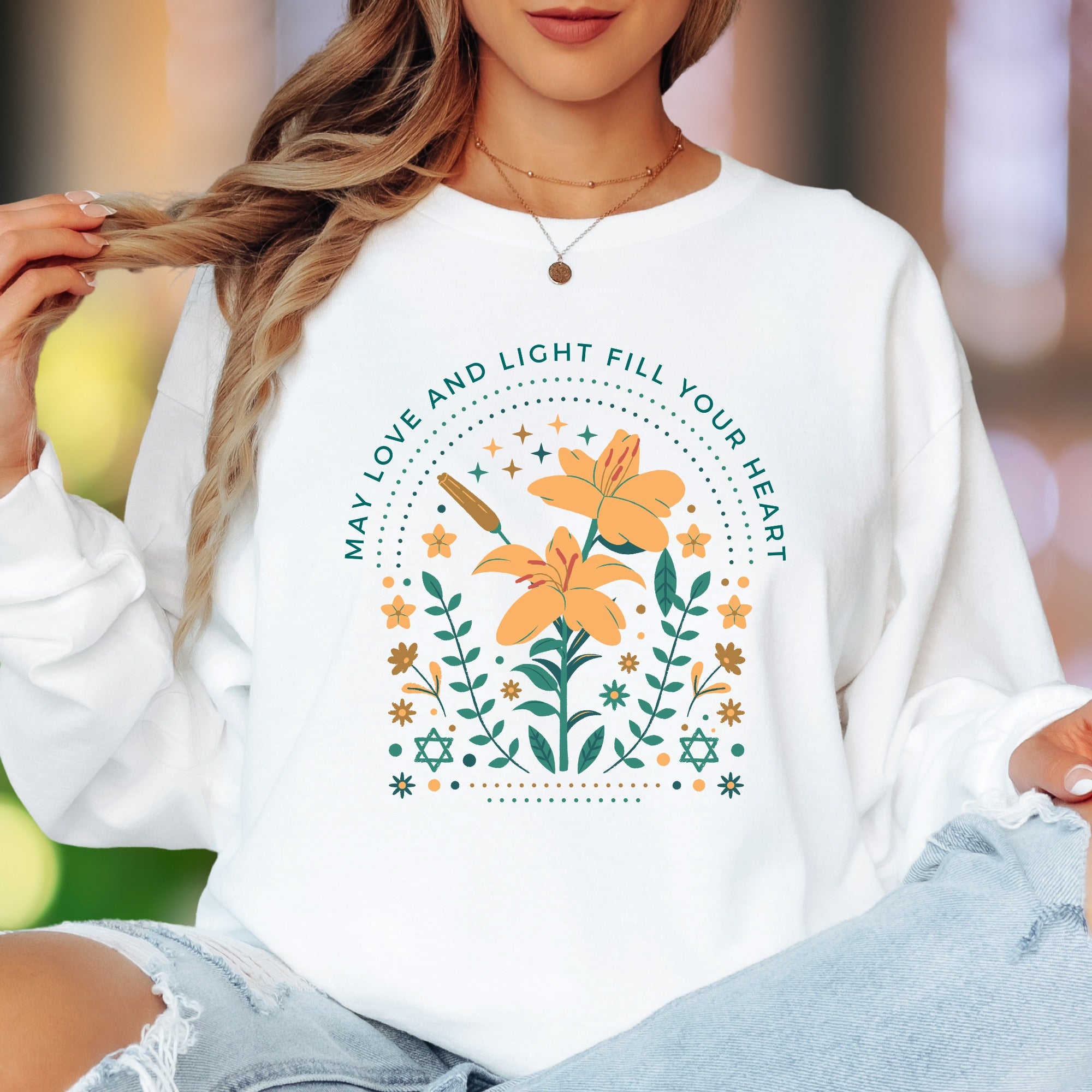 "May Love and Light Fill Your Heart" | Floral Motif Unisex Adult Long Sleeve T-Shirt | Positive Affirmation
