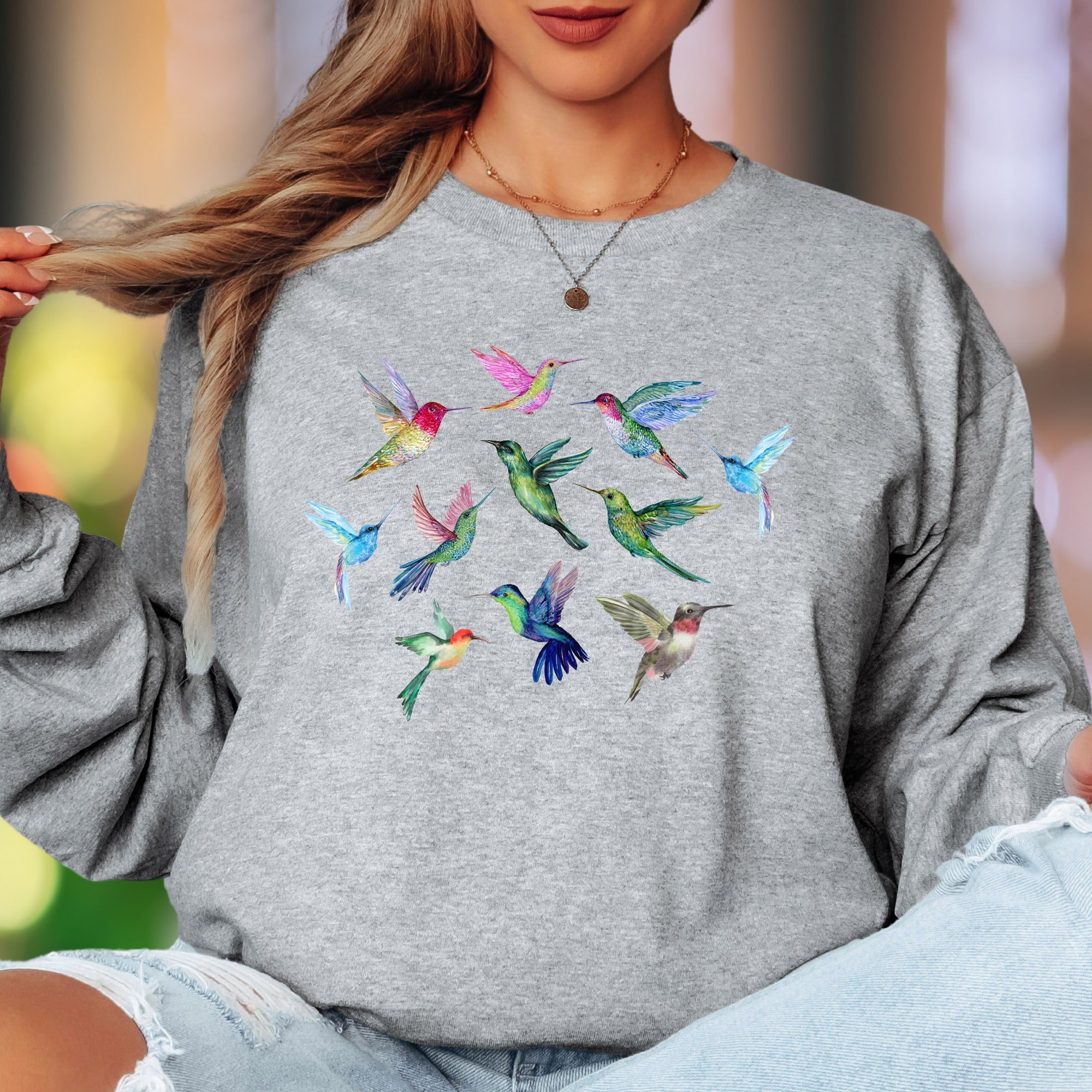 "Colorful Hummingbirds" | Nature Aesthetic Unisex Adult Long Sleeve T-Shirt | Whimsical Lifestyle